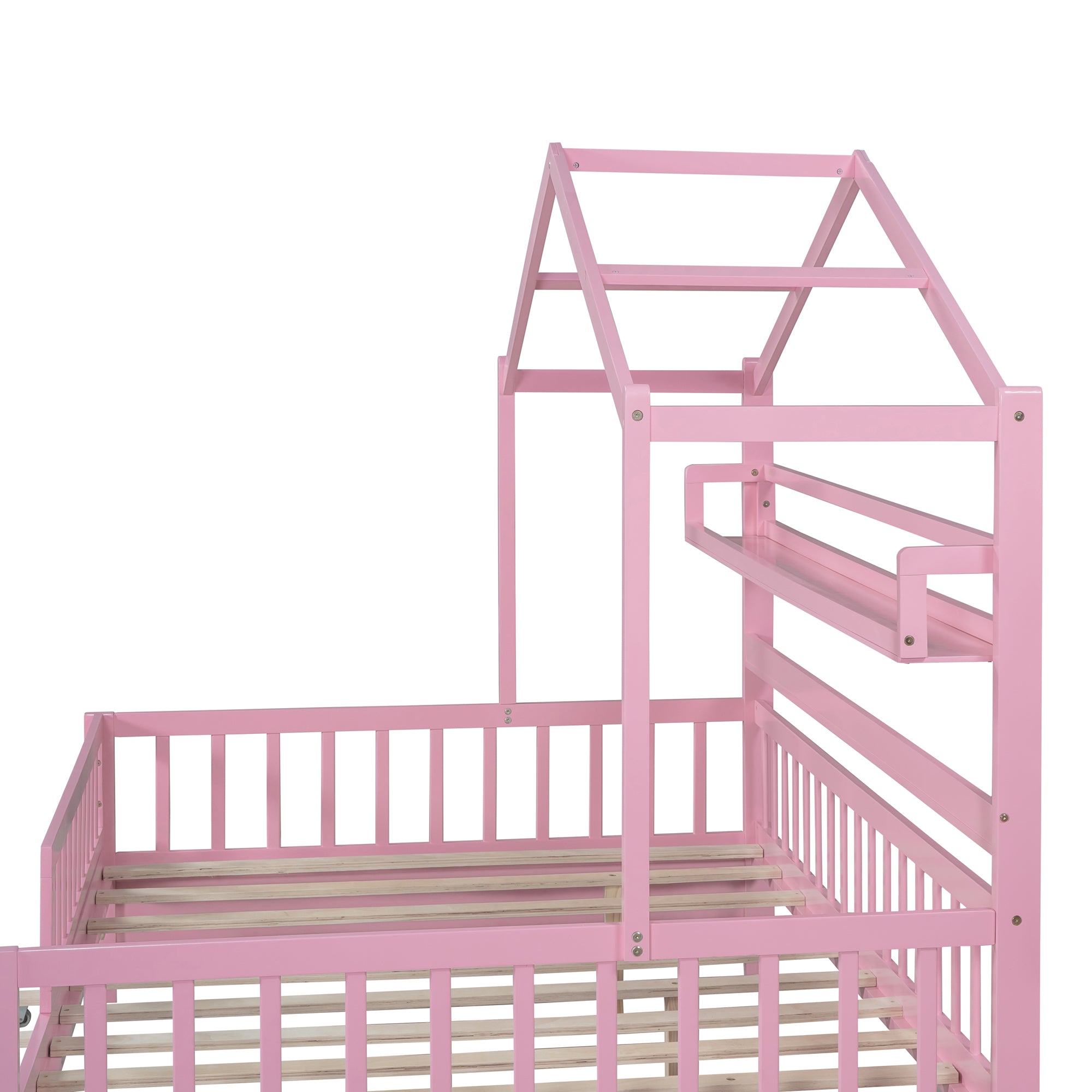 Wooden Full Size House Bed with Twin Size Trundle Kids Bed with Shelf Pink