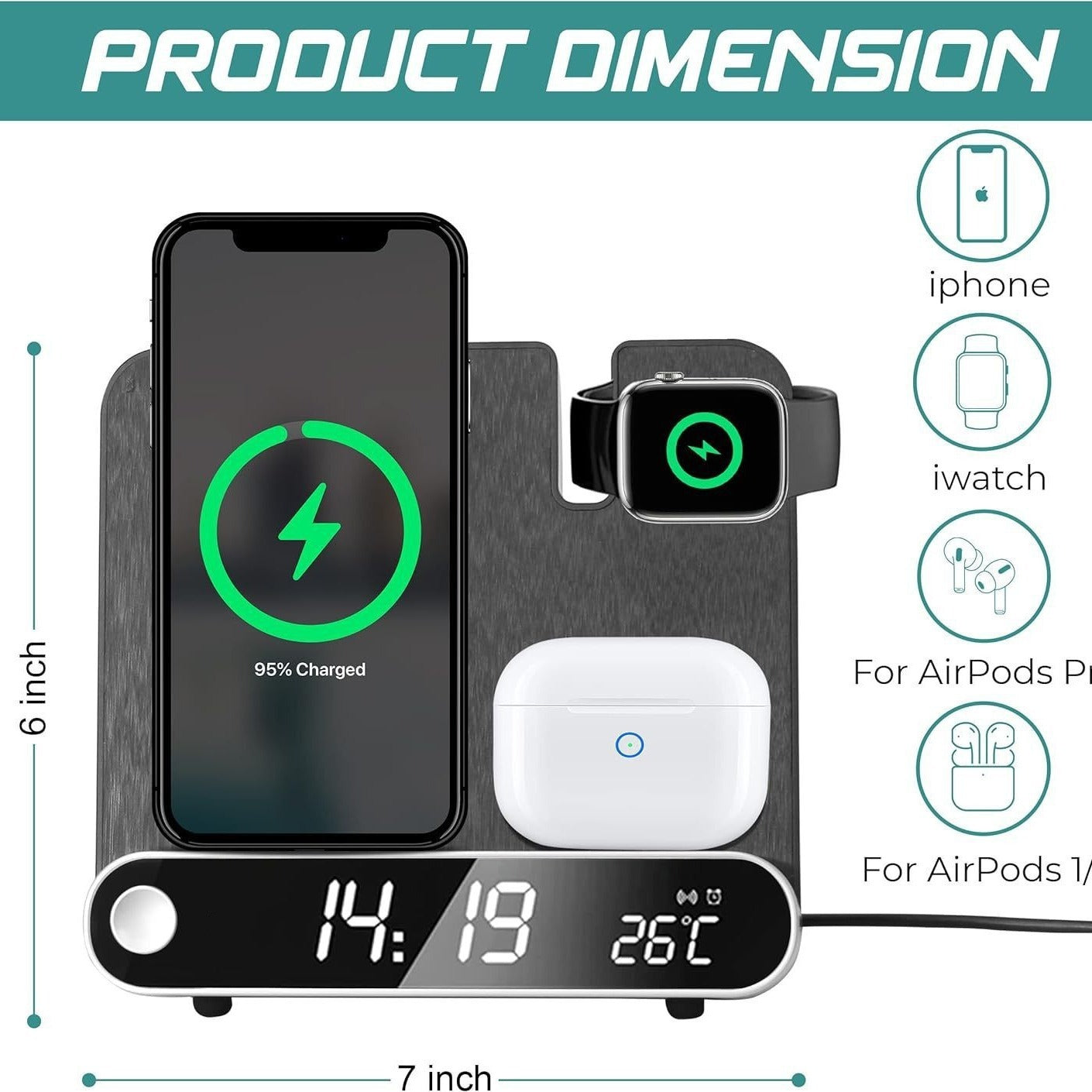 Multi functional clock wireless charging watch earphone wireless charging thermometer wireless charging 15W wireless charging