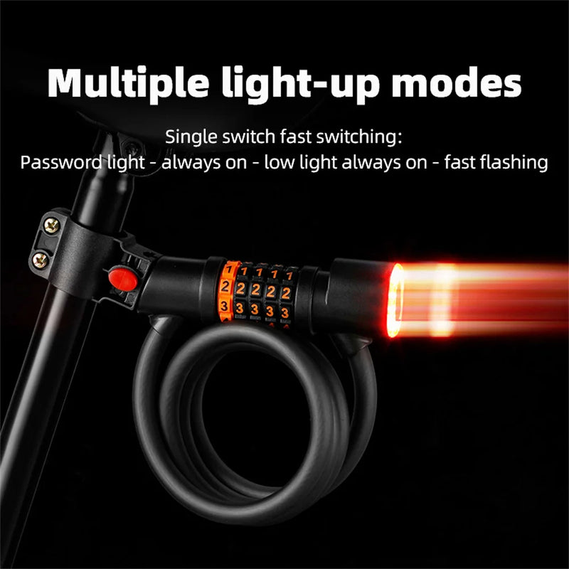 1.2M/1.8M Bike Lock Anti-theft 5 Digit Combination Password Security Lock With LED Light MTB Road Bike Steel Cable Bicycle Lock