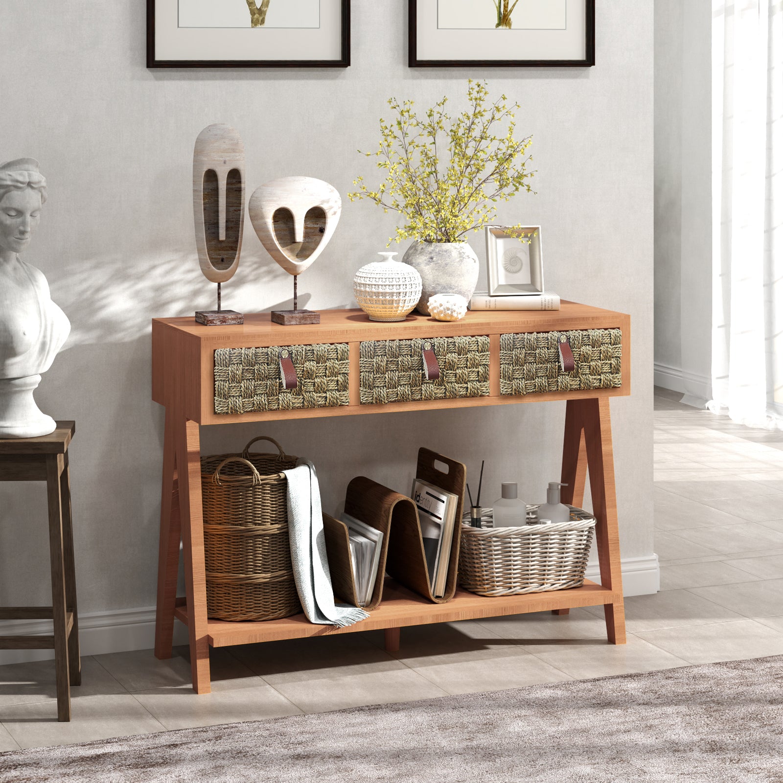 Medieval modern console table with entrance storage space, multifunctional entrance table with 3 drawers, open storage rack