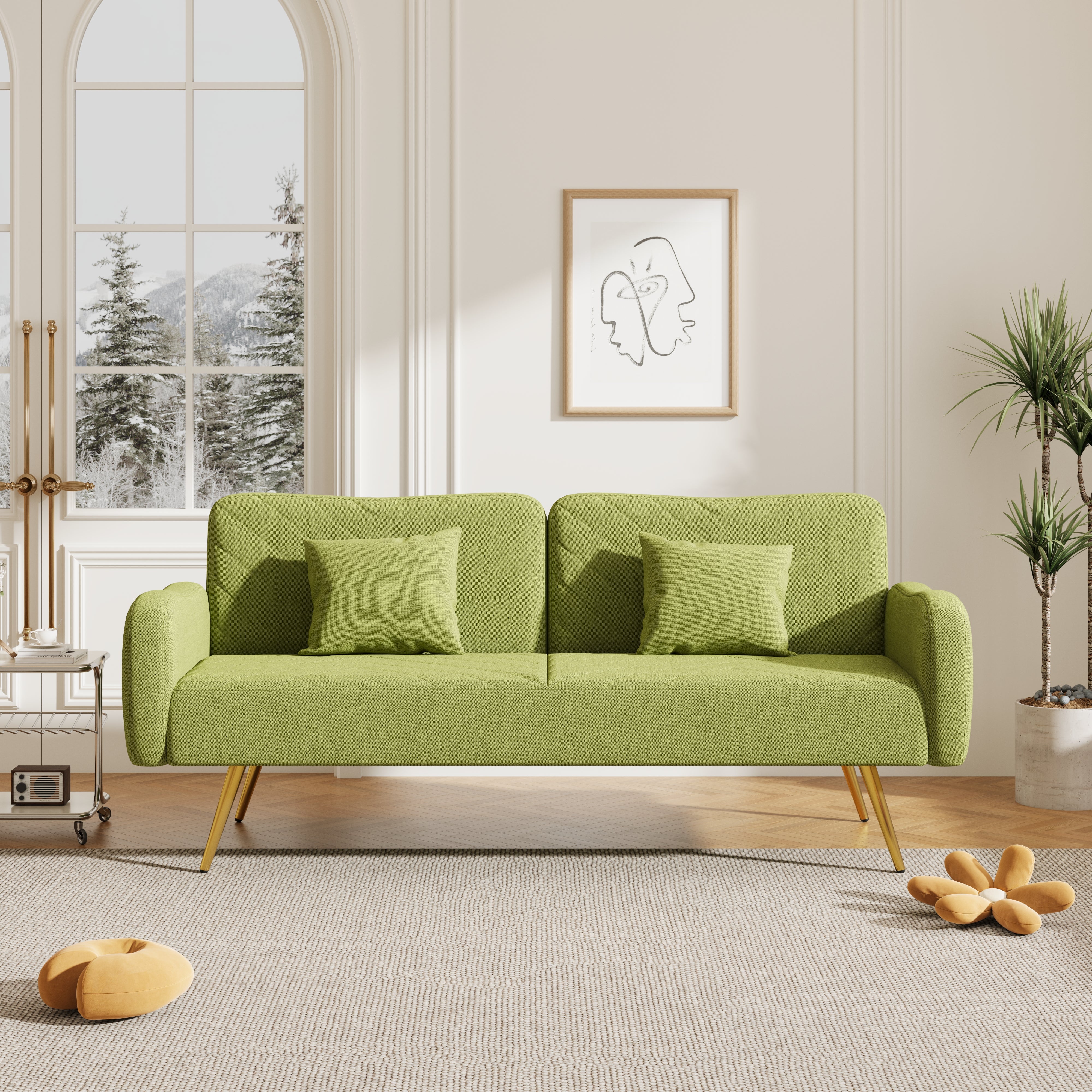 70.47" Green Fabric Double Sofa with Split Backrest and Two Throw Pillows