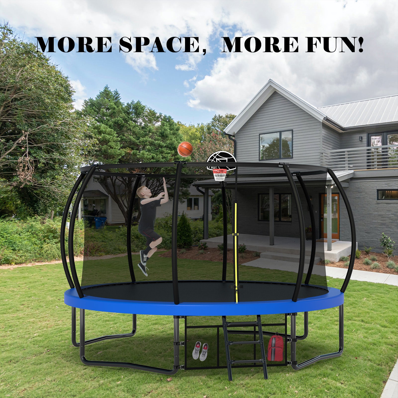 14FT entertainment trampoline with fence - ladder and rust proof coating, ASTM approved children's outdoor trampoline