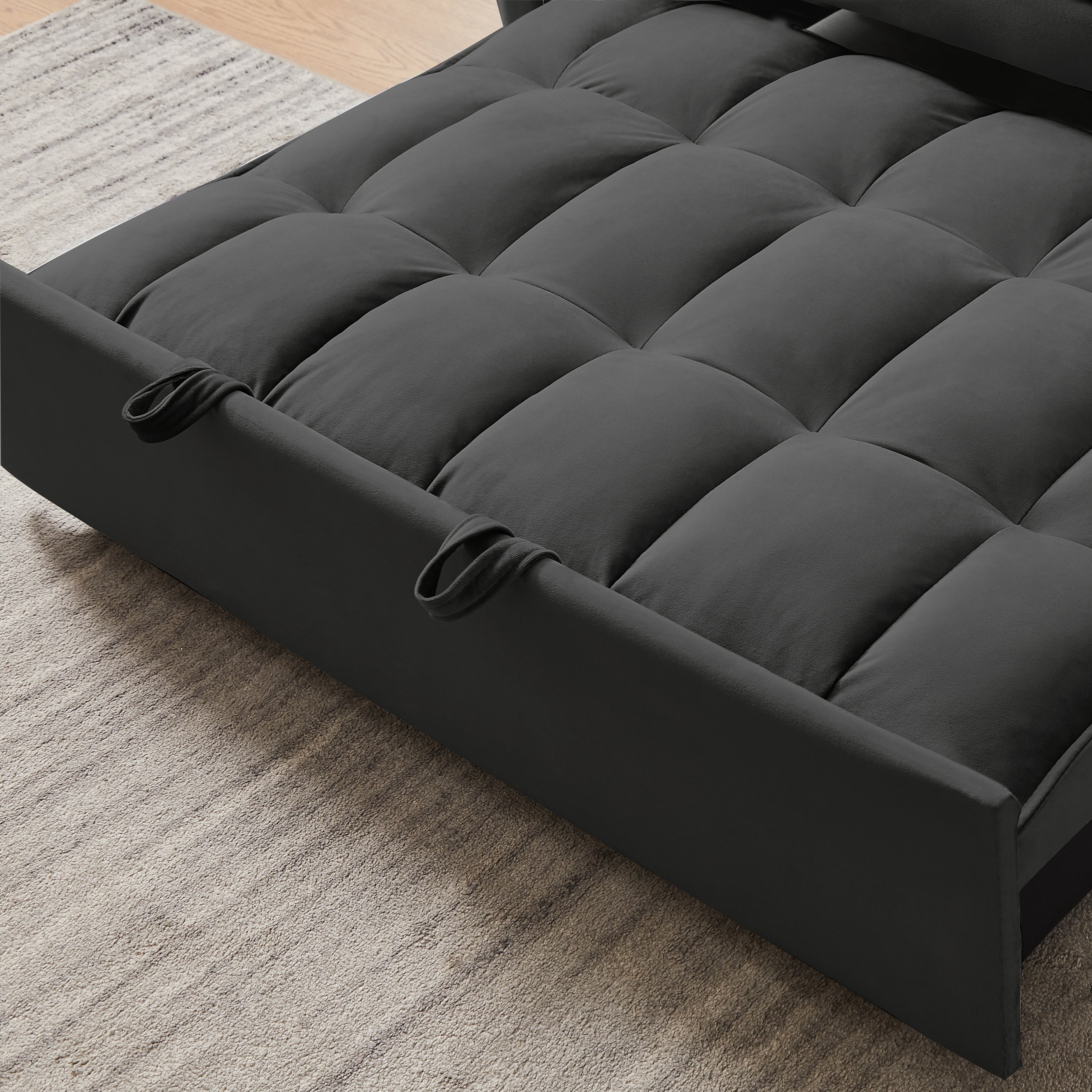 Modern Velvet Loveseat Futon Sofa with Pull out Bed, Backrest, Pillow, Pocket 3-in-1 Convertible Sleeper Sofa Bed, Black