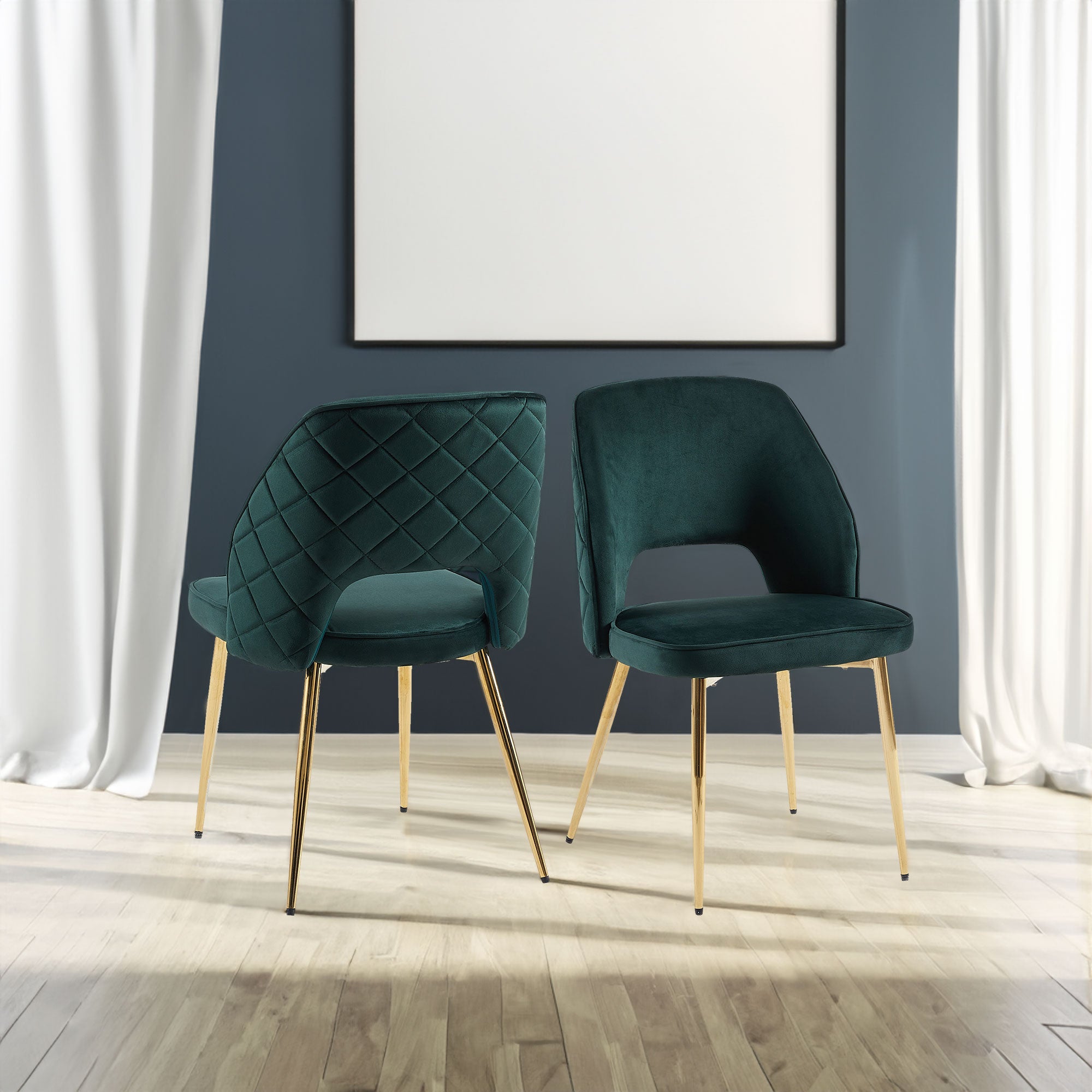 Dark Green Velvet Dining Chairs with Metal Legs and Hollow Back Upholstered Dining Chairs Set of 4