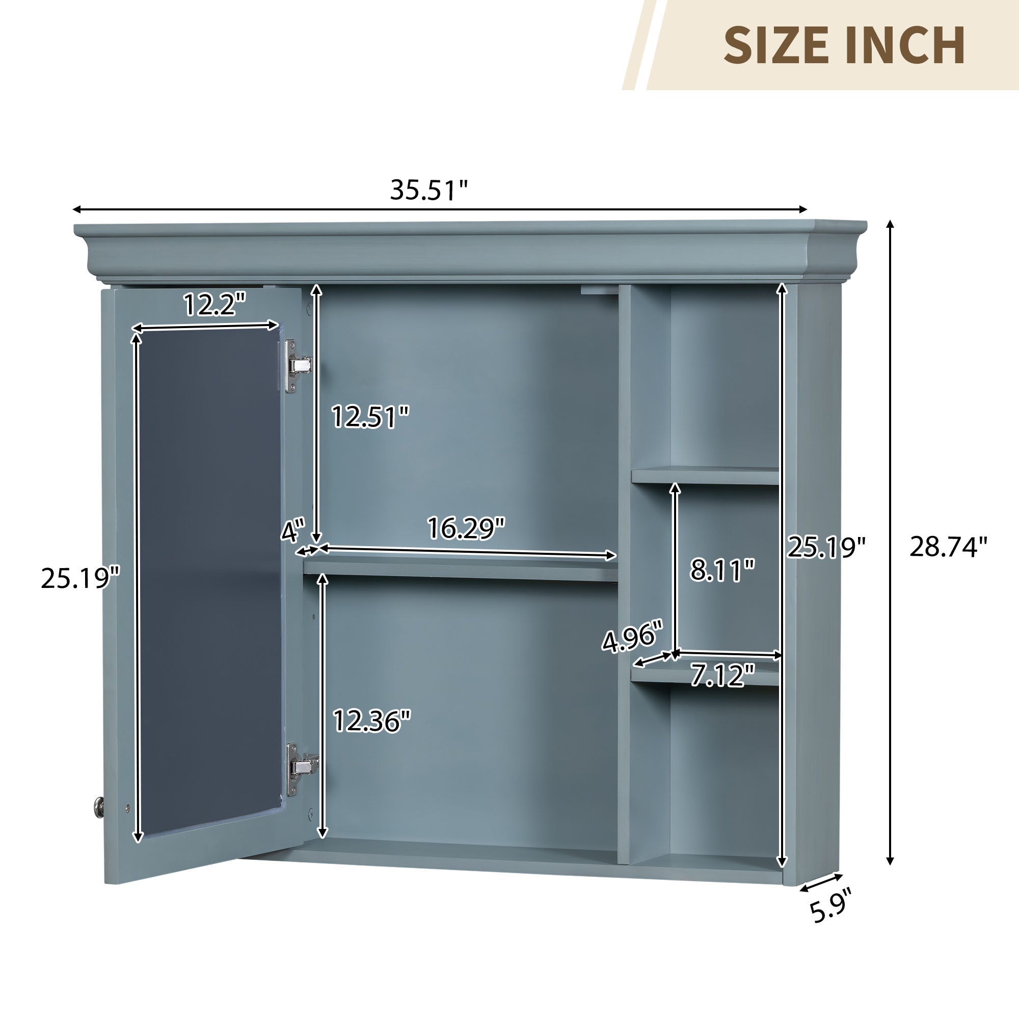 36 inch modern mirror cabinet with adjustable shelves, 2 soft closing doors, and 6 drawer storage cabinet door organizers