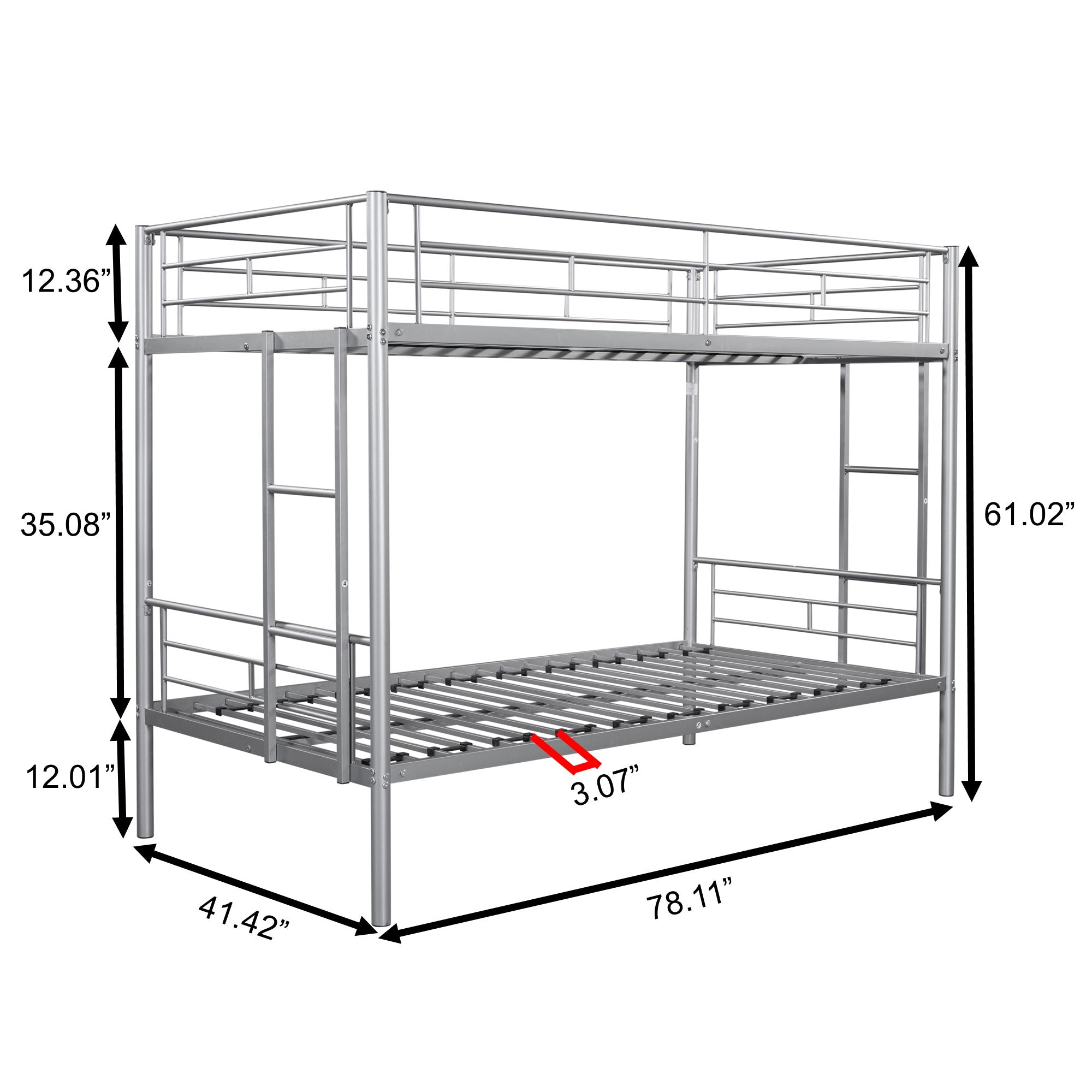 Metal bunk bed/sturdy/noise reduction/2 side ladders/safety guardrails/CPC certification/no spring box required (Silver)