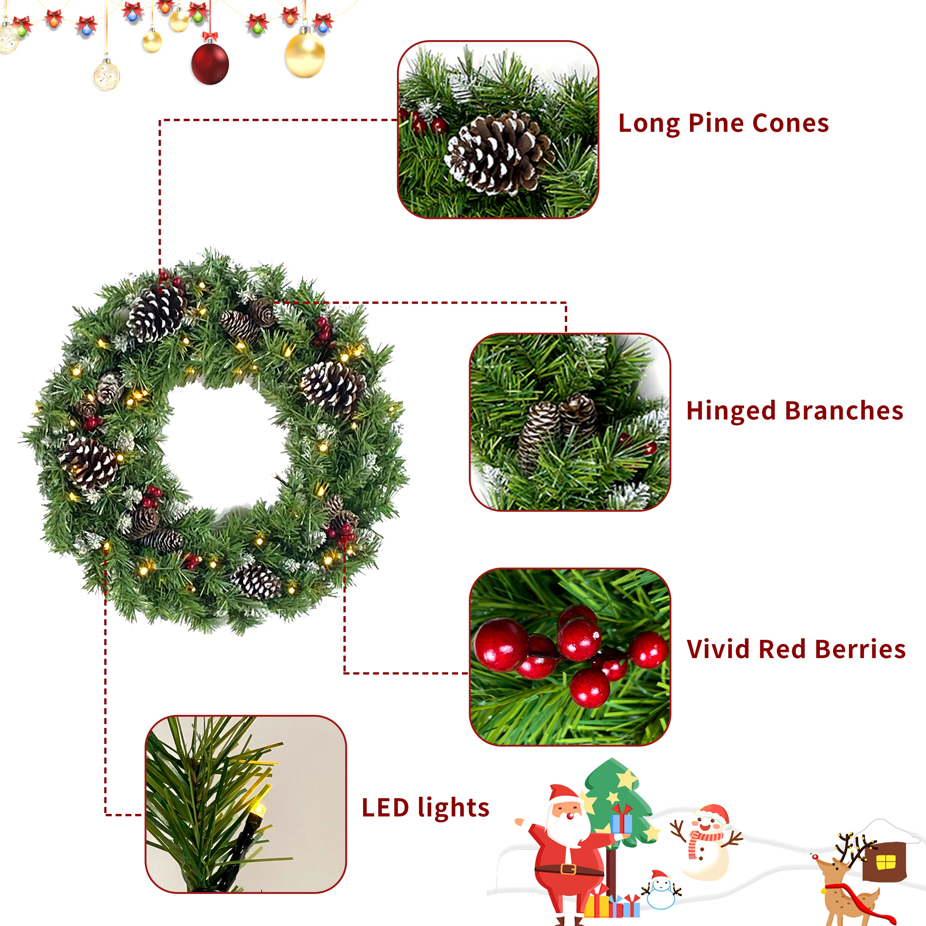 Christmas Tree Artificial Christmas 4-piece Set, including flower wreath, flower wreath, and 2 entrance trees, with LED lights