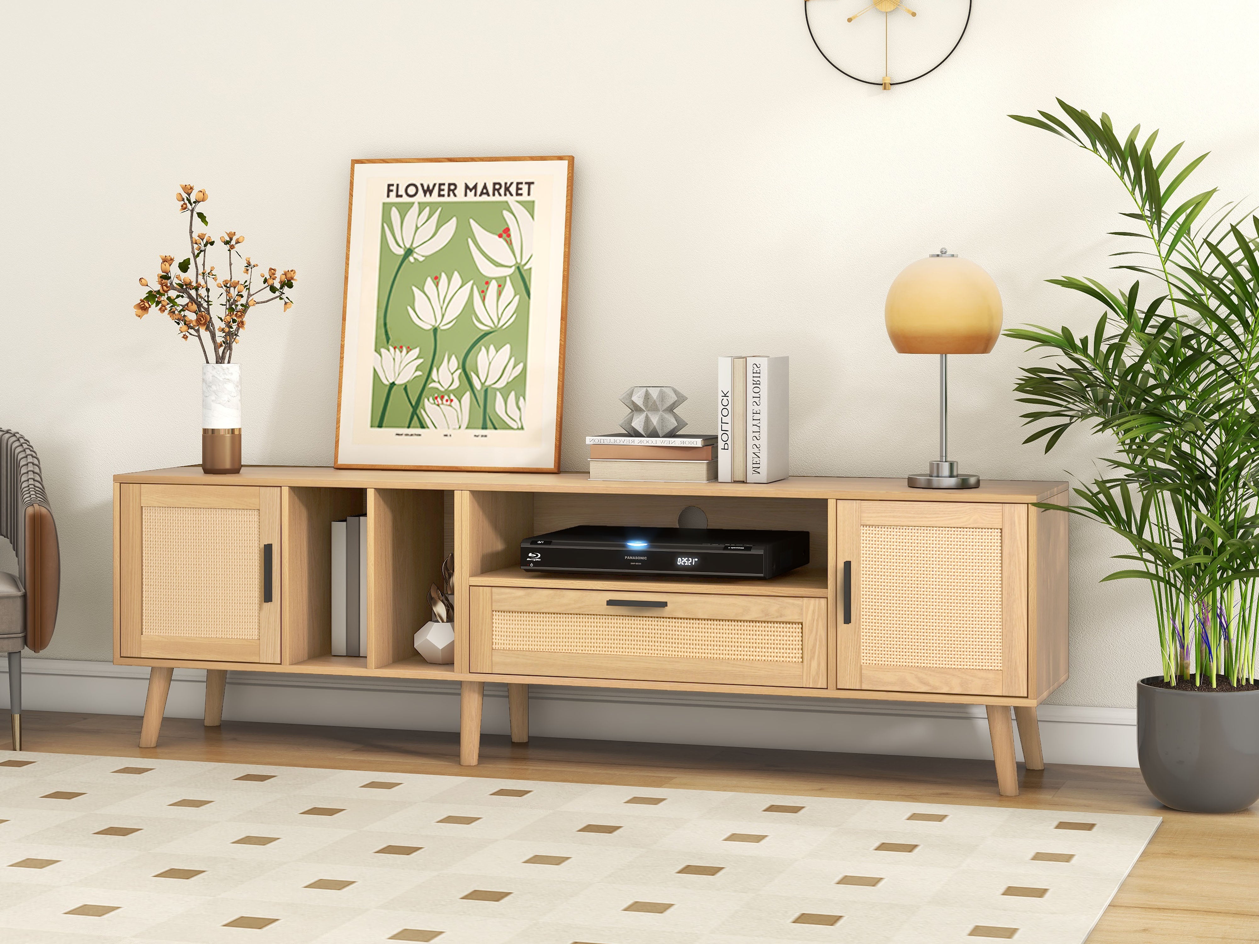 Vine TV stand with 2 cabinets and 2 open shelves, suitable for TVs under 80 inches, with solid wood legs for TV cabinets