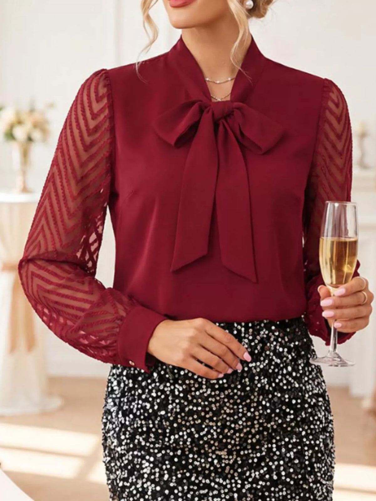 Bow-tie chevron-sleeve blouse – wine red