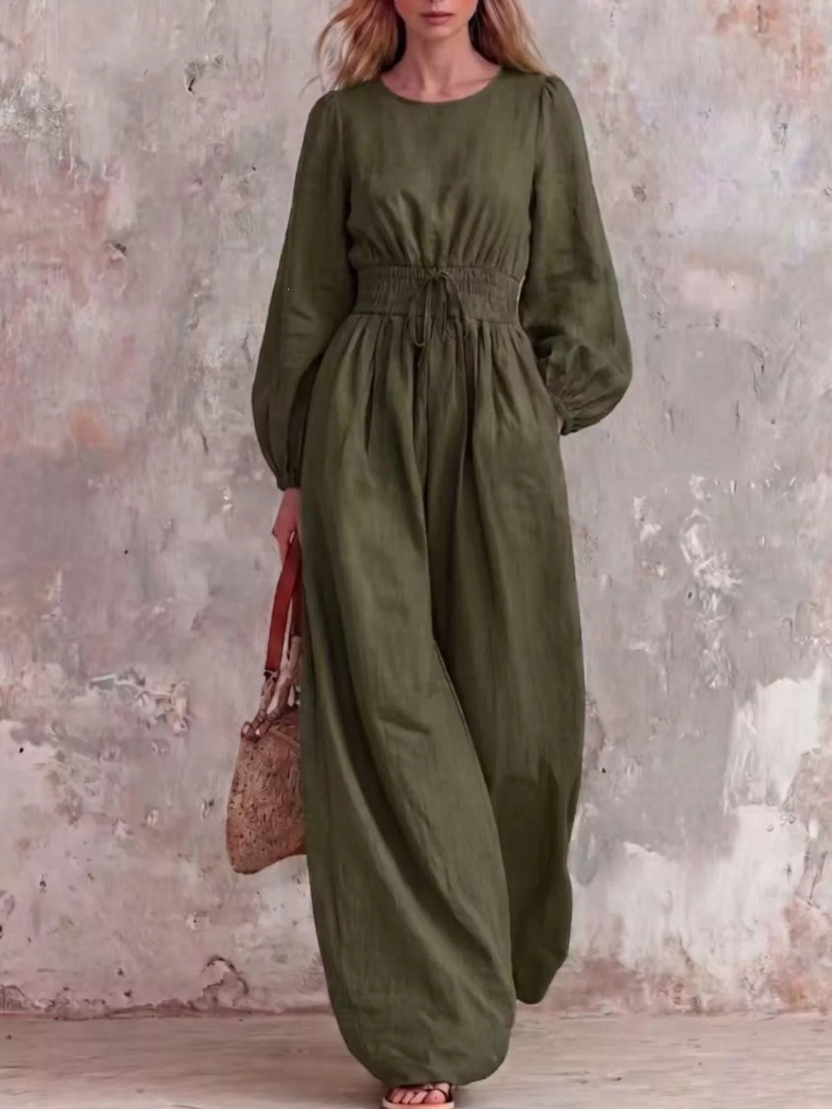 Smocked-waist long-sleeve jumpsuit – army green