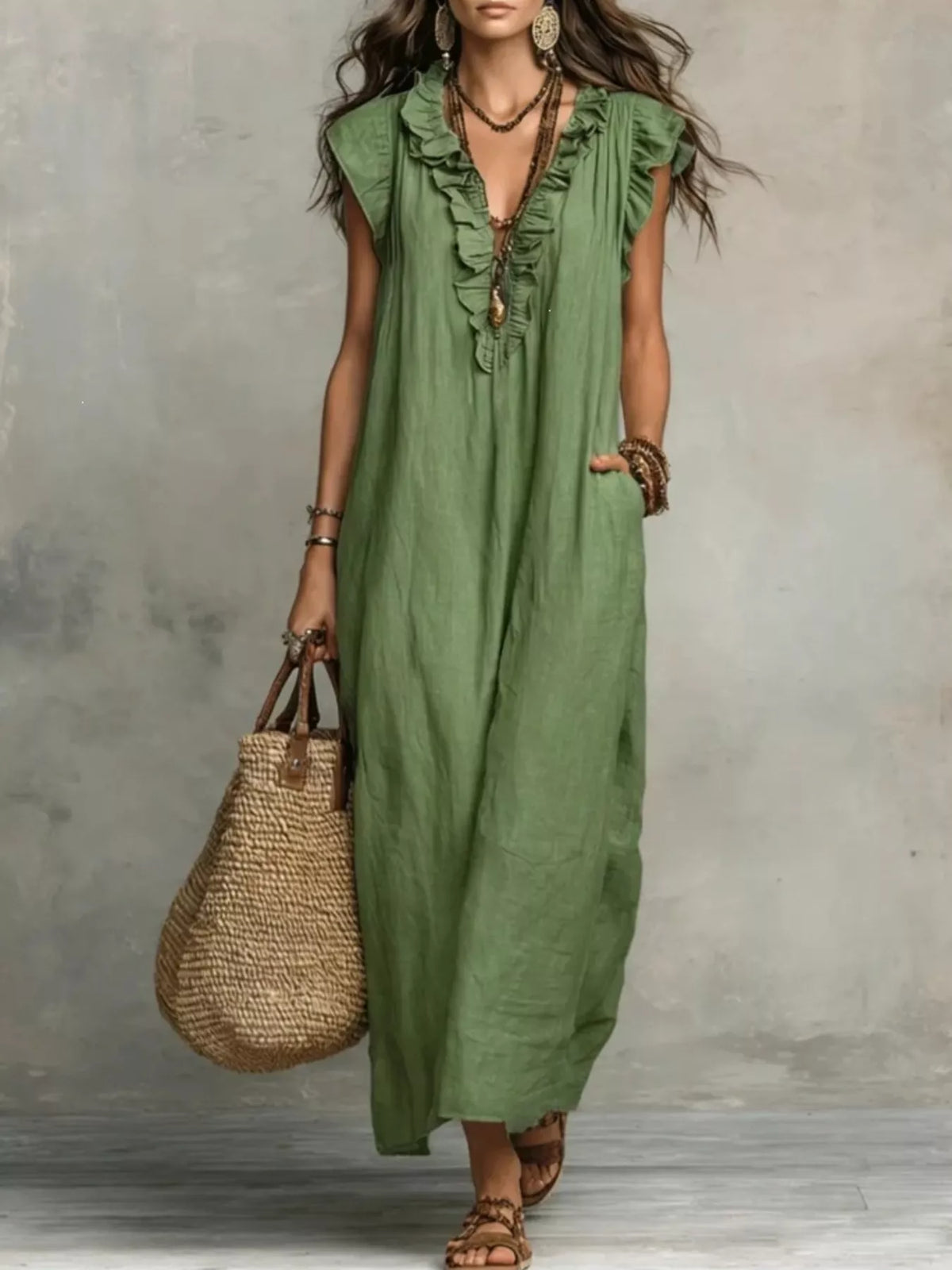 Ruffled cap-sleeve maxi dress – army green