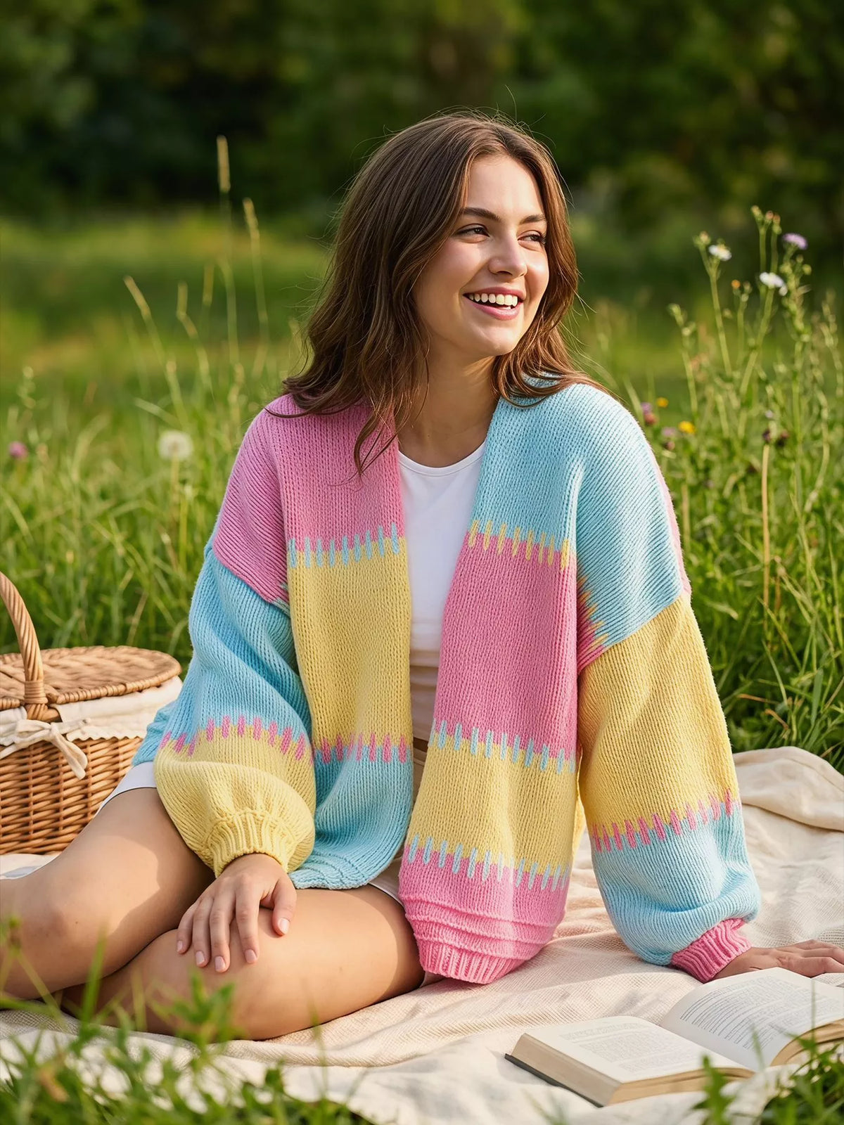 Color block V neck cardigan, Pink