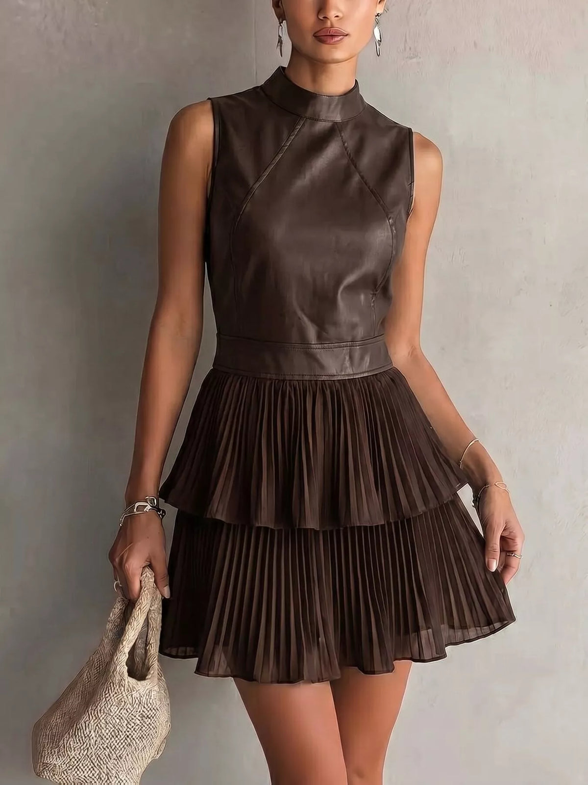 Faux leather pleated mini dress