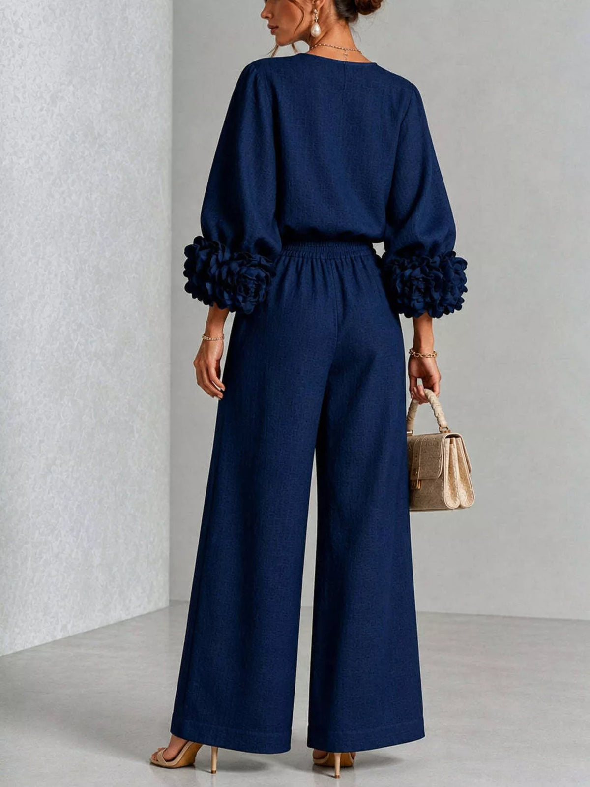 Floral-cuff top and pants set