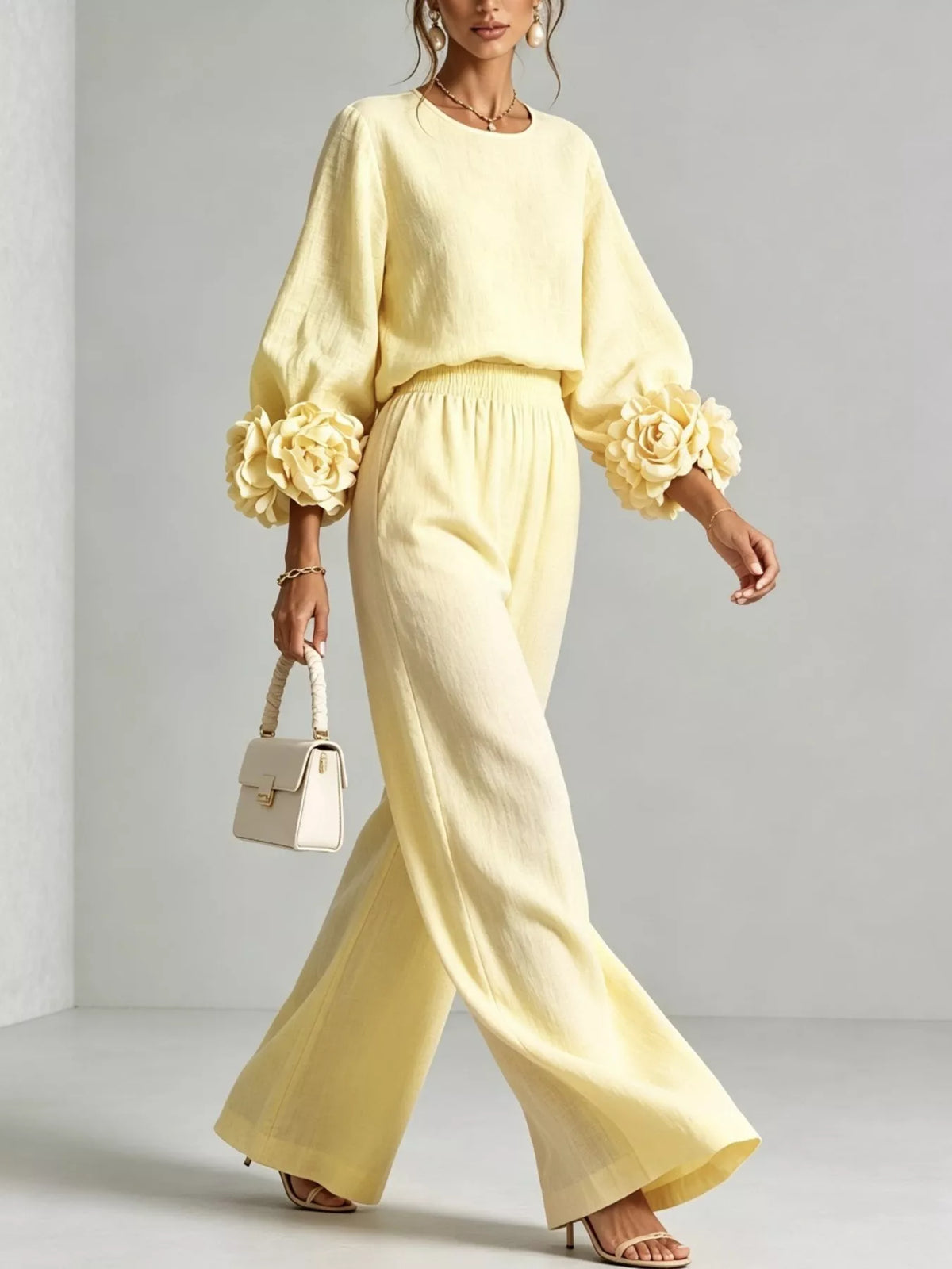 Floral-cuff top and pants set