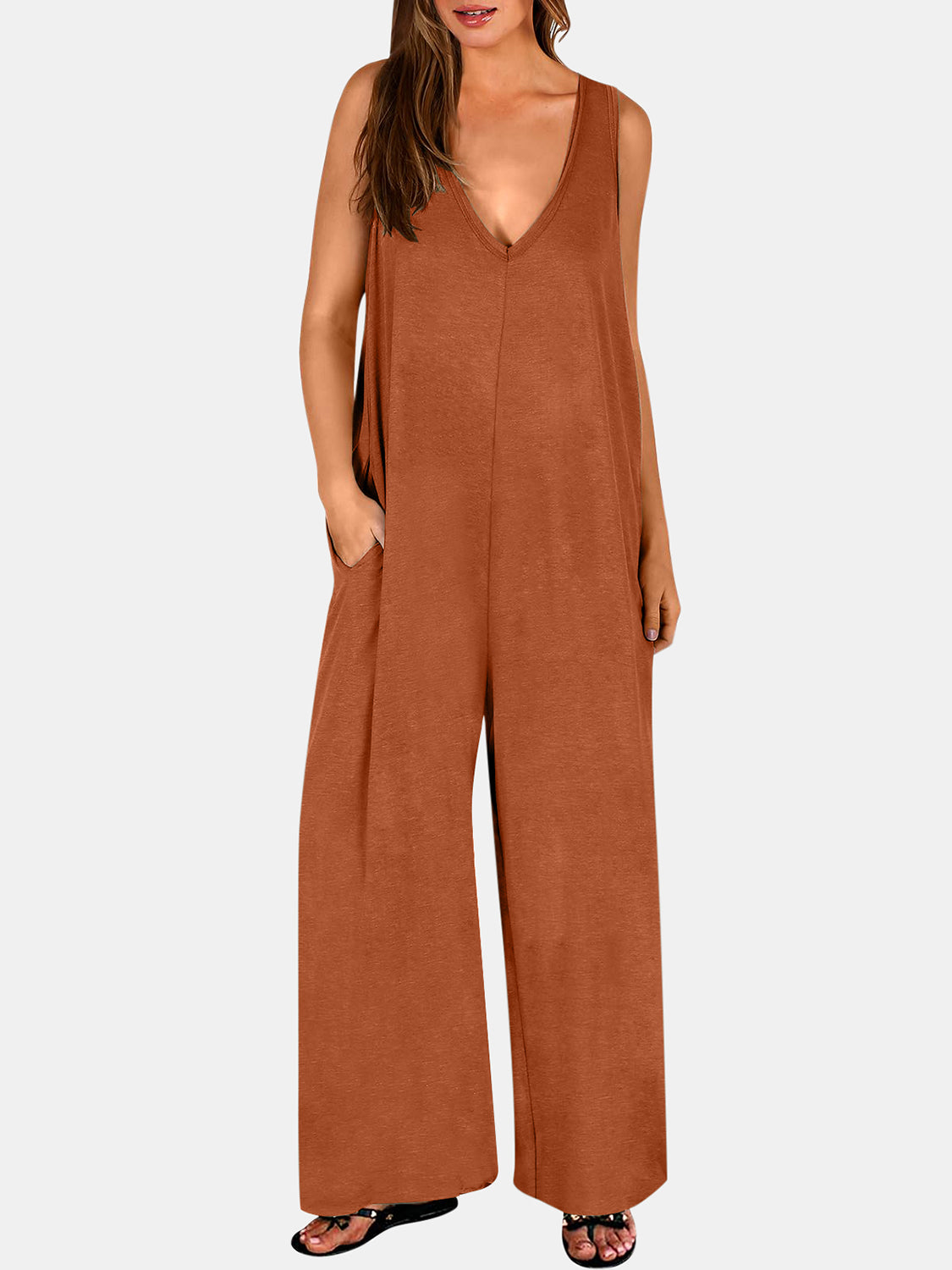 V-neck wide strap jumpsuit