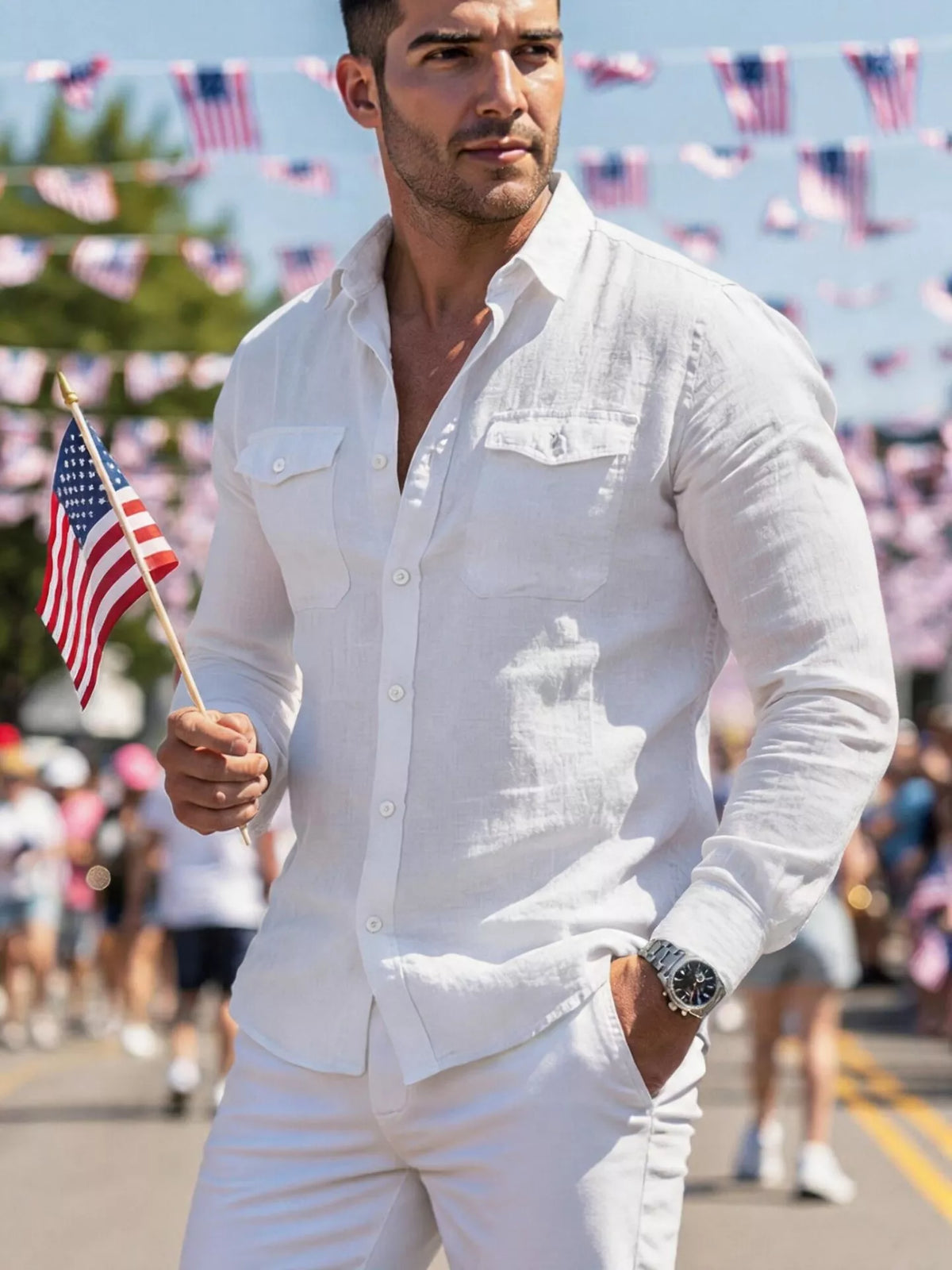 Casual button up shirt with chest pockets, White