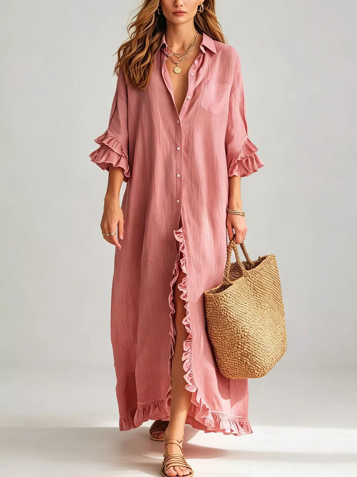 Ruffled trim button-down maxi shirt dress, Pink