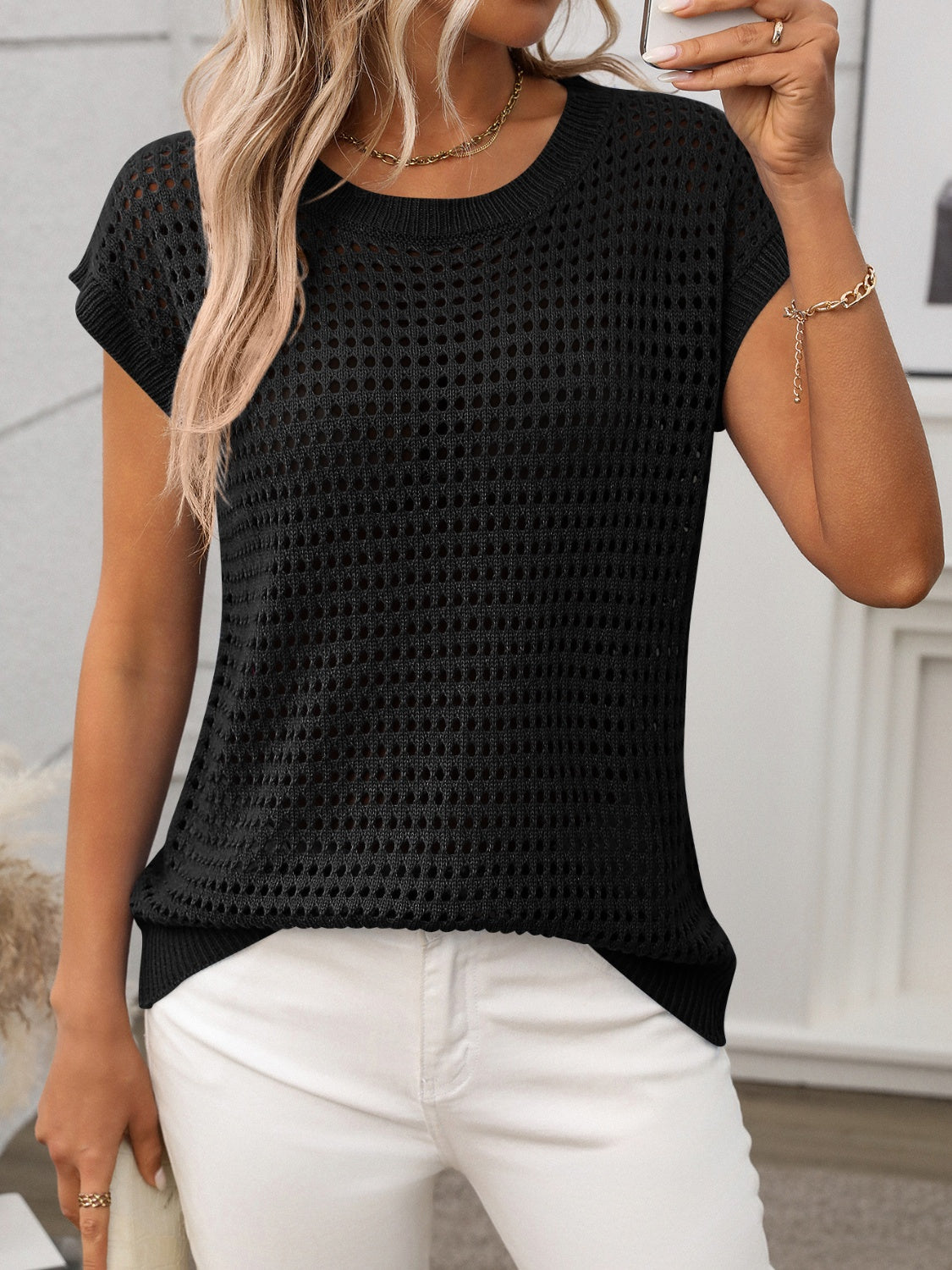 Openwork round neck short sleeve knit cover up