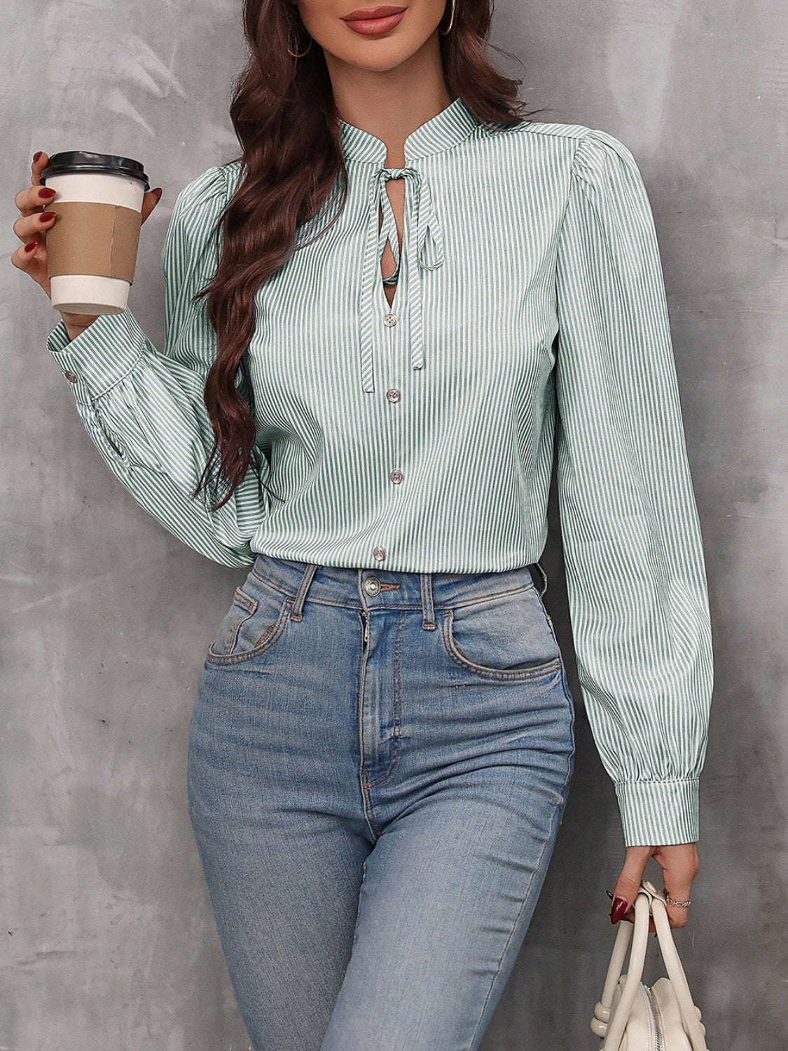 Striped tie neck blouse