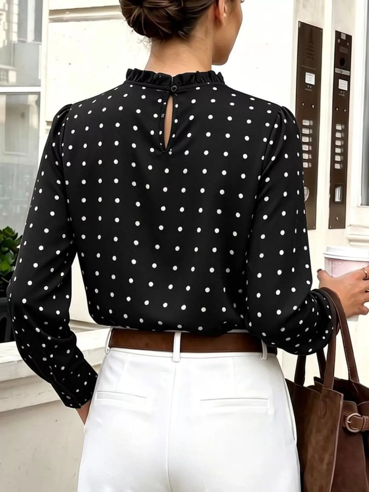 Polka-dot mock-neck blouse