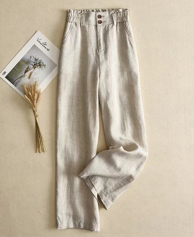 High-waist linen wide-leg trousers – apricot