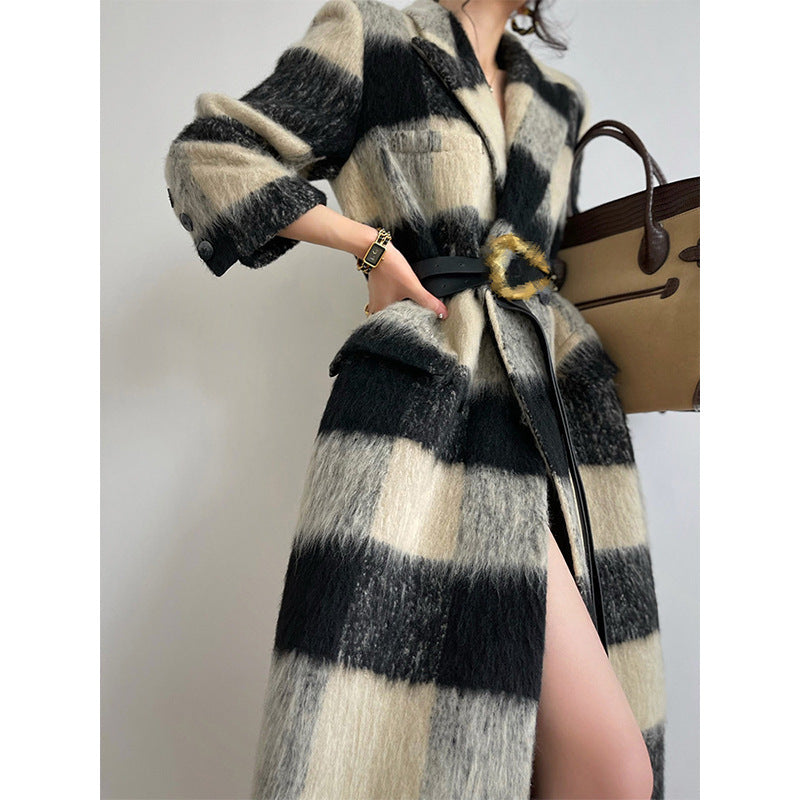 Check wool-blend overcoat