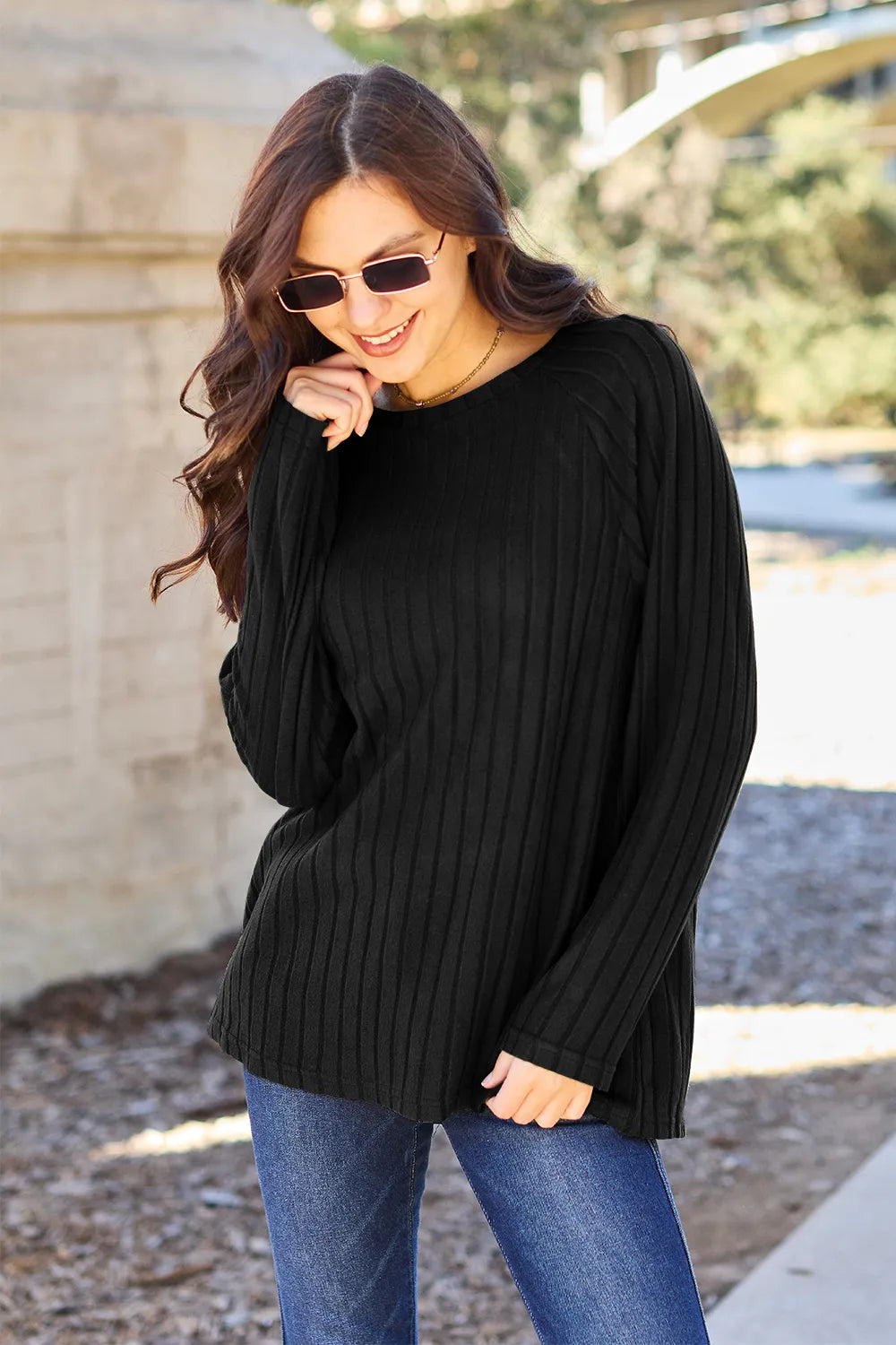 Ribbed long sleeve knit top, Black