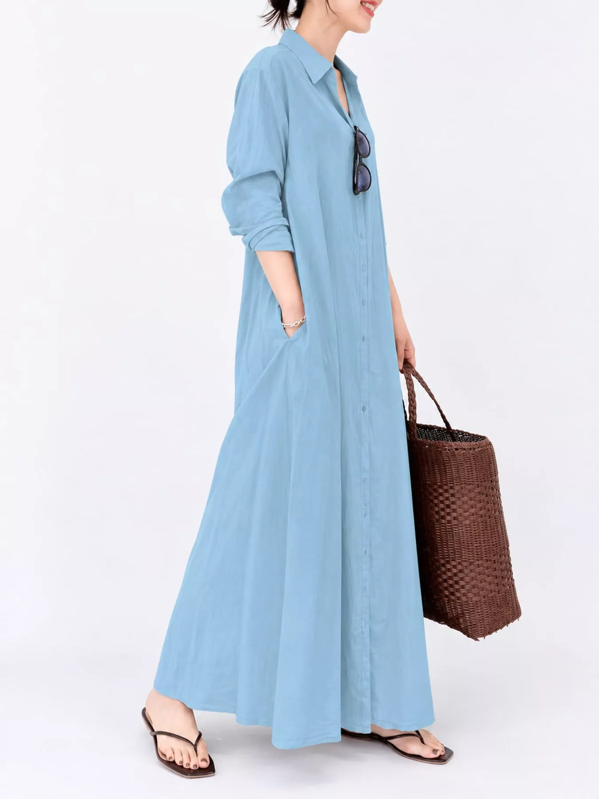 Button front long sleeve maxi shirt dress