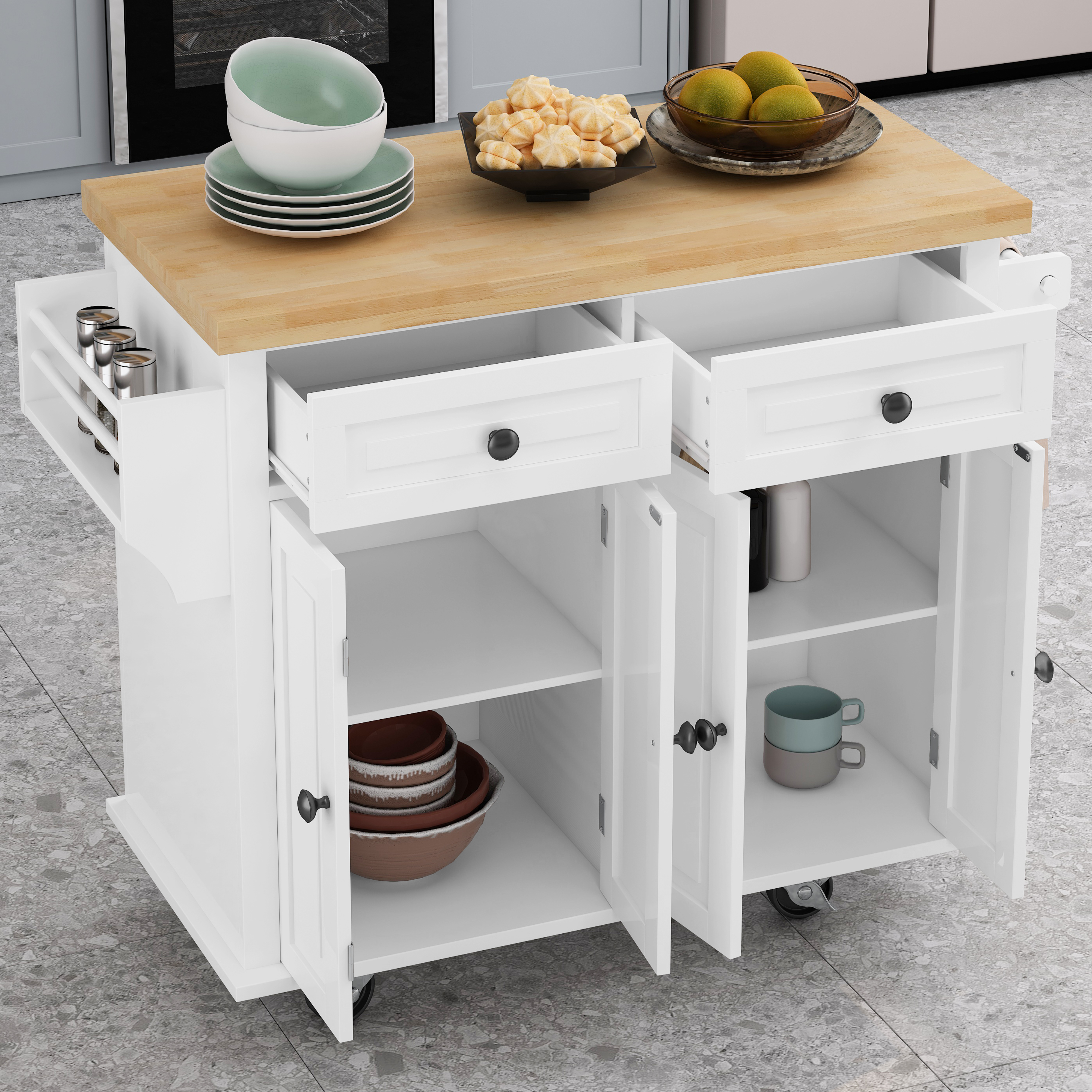 Kitchen Island Cart with Two Storage Cabinets and Two Locking Wheels 43.31 Inch Width 4 Door Cabinet and Two Drawers Spice Rack