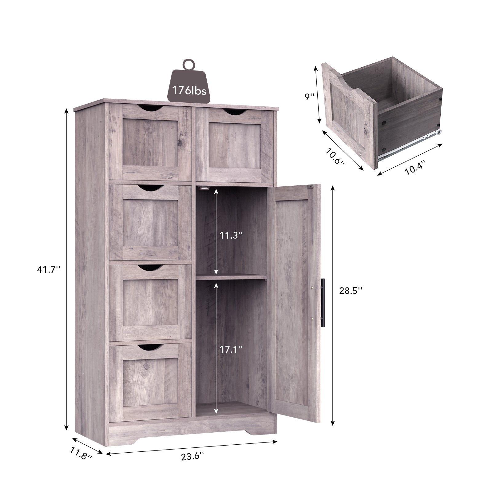 Bathroom Storage Cabinet with Storage 5 Drawers and 1 Door, Entryway Cabinet with Adjustable Shelf Grey