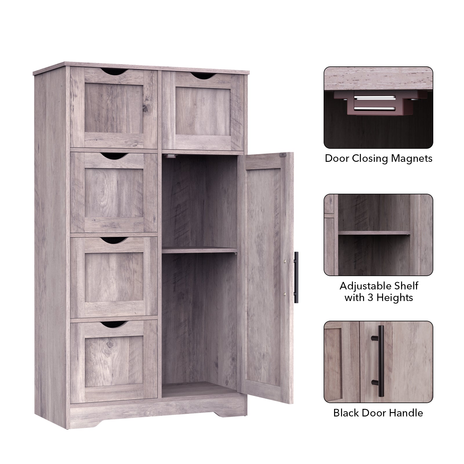 Bathroom Storage Cabinet with Storage 5 Drawers and 1 Door, Entryway Cabinet with Adjustable Shelf Grey