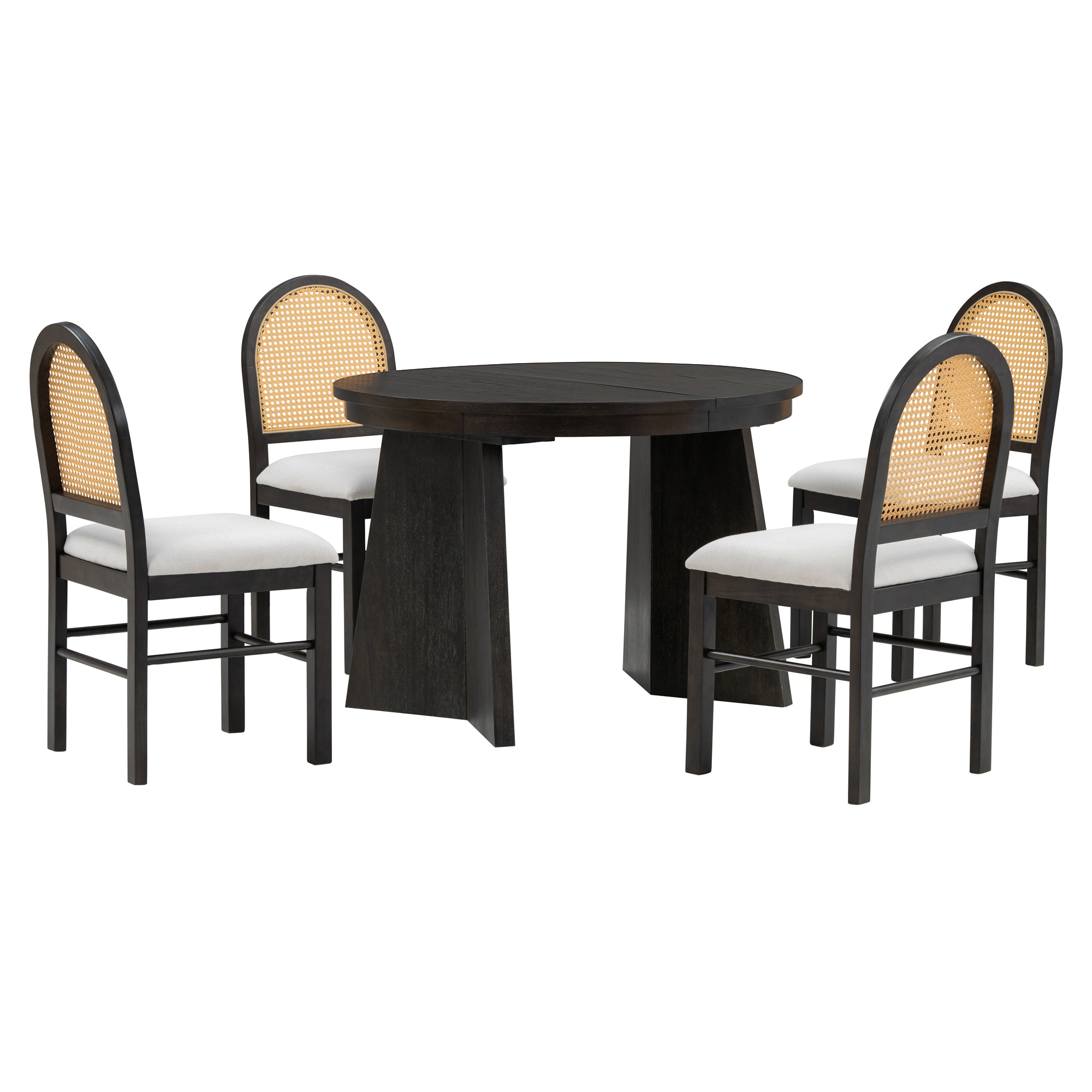 TREXM 5-piece retro functional cutlery set with 1 expandable dining table and 4 cushioned chairs with rattan backrests (espresso