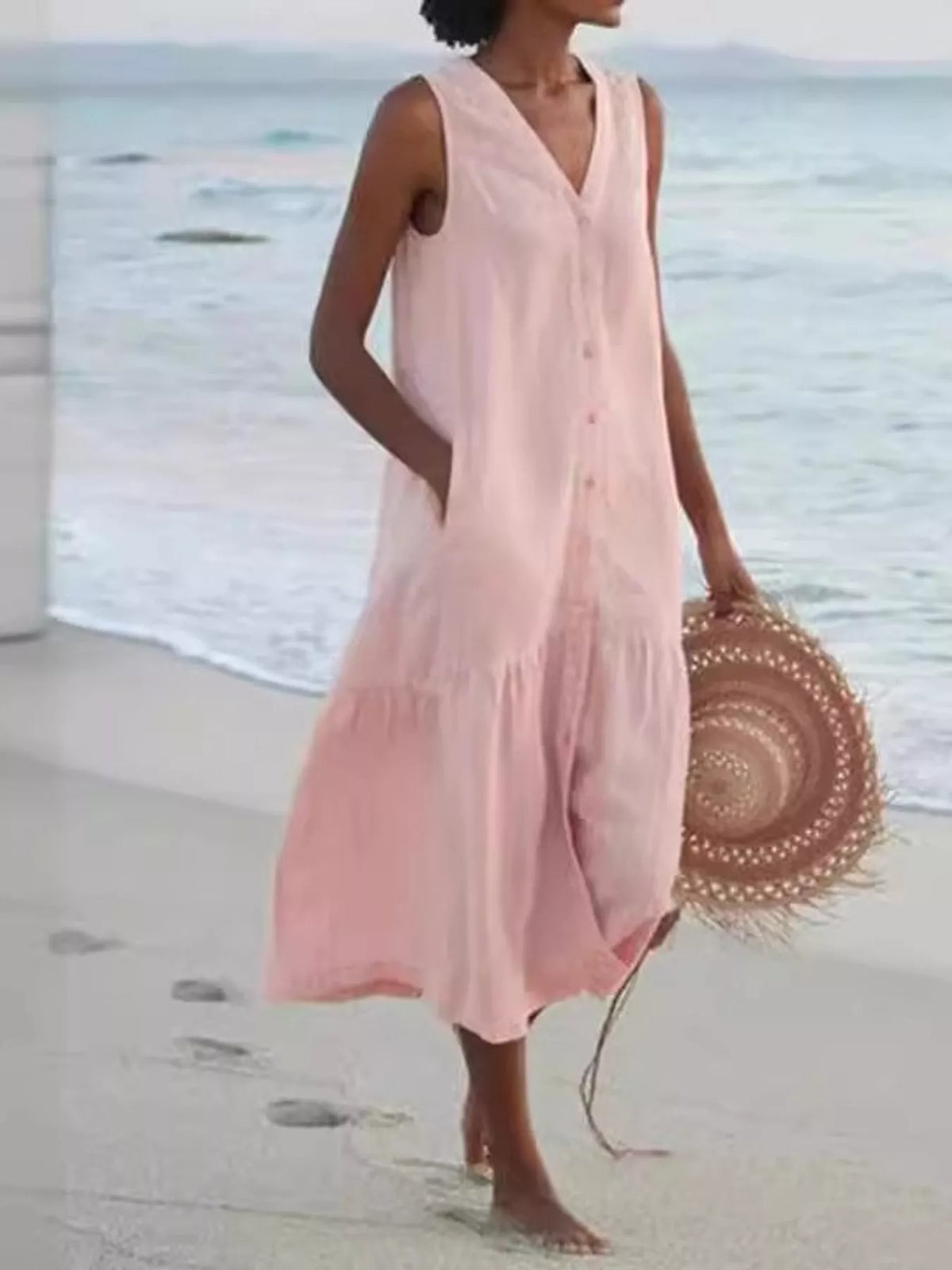 V-neck button front sleeveless midi dress, Pink