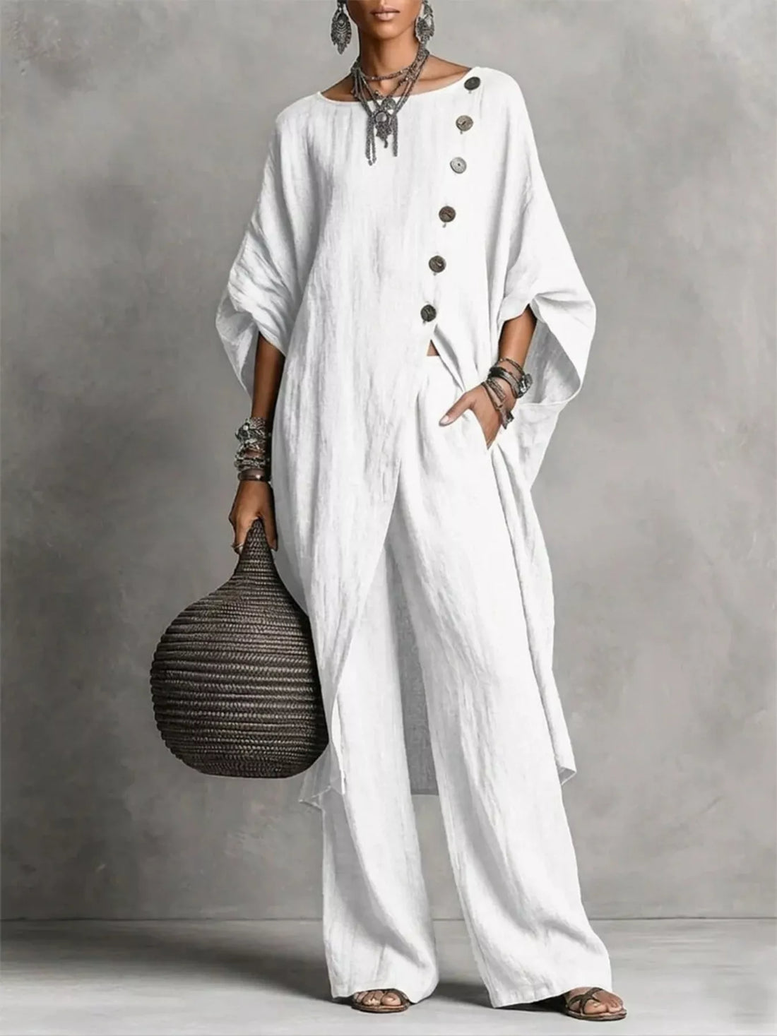 Asymmetric button-down top and wide-leg pants set, White