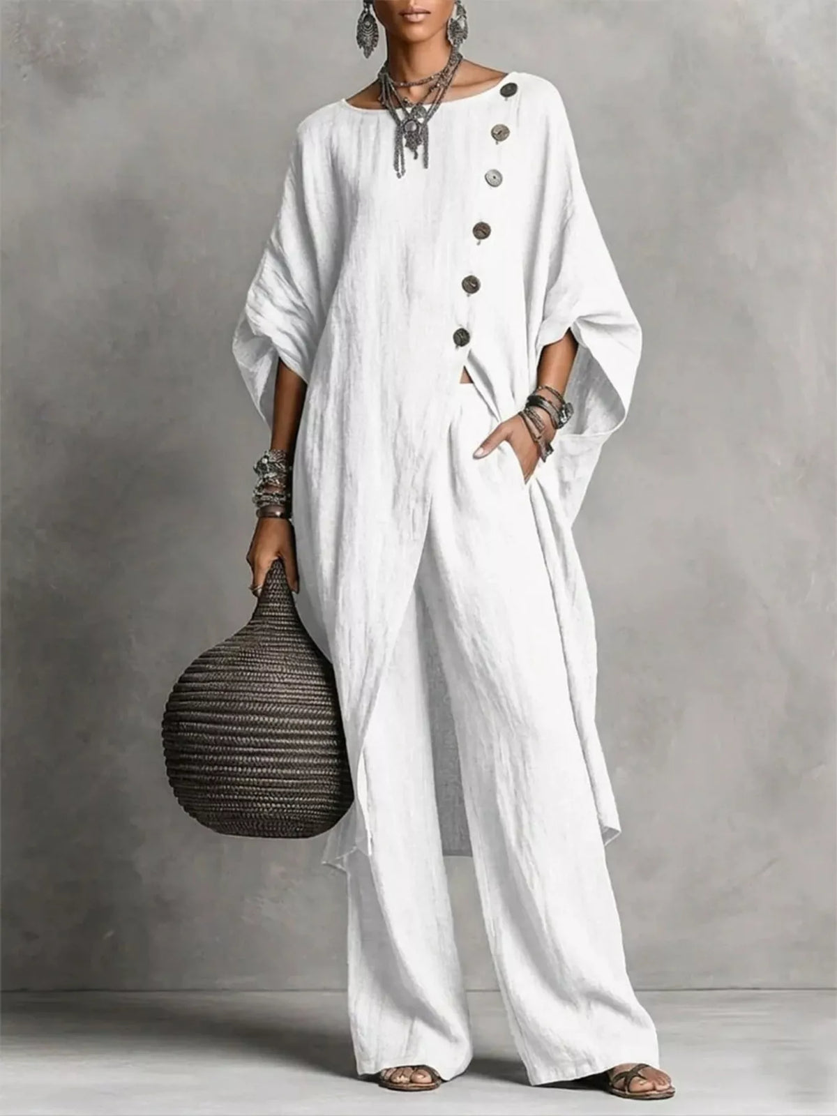 Asymmetric button-down top and wide-leg pants set, White