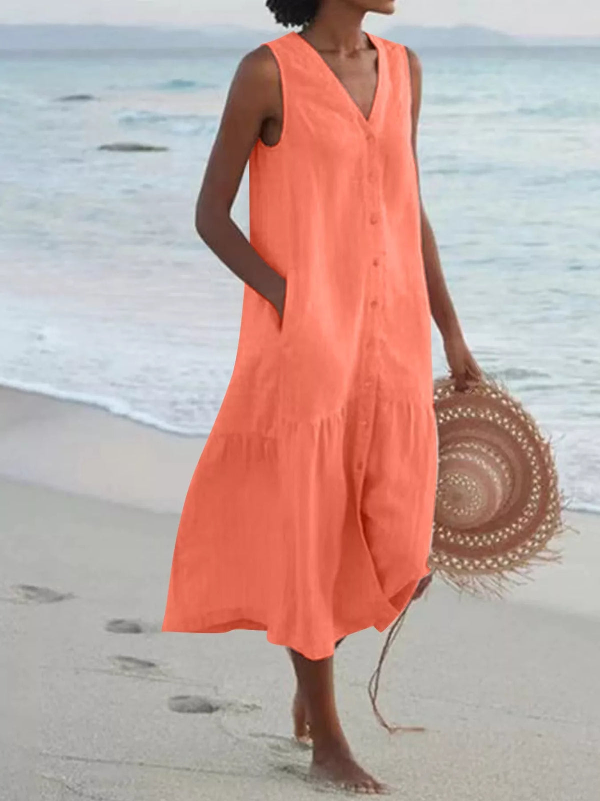 V-neck button front sleeveless midi dress, Orange Red