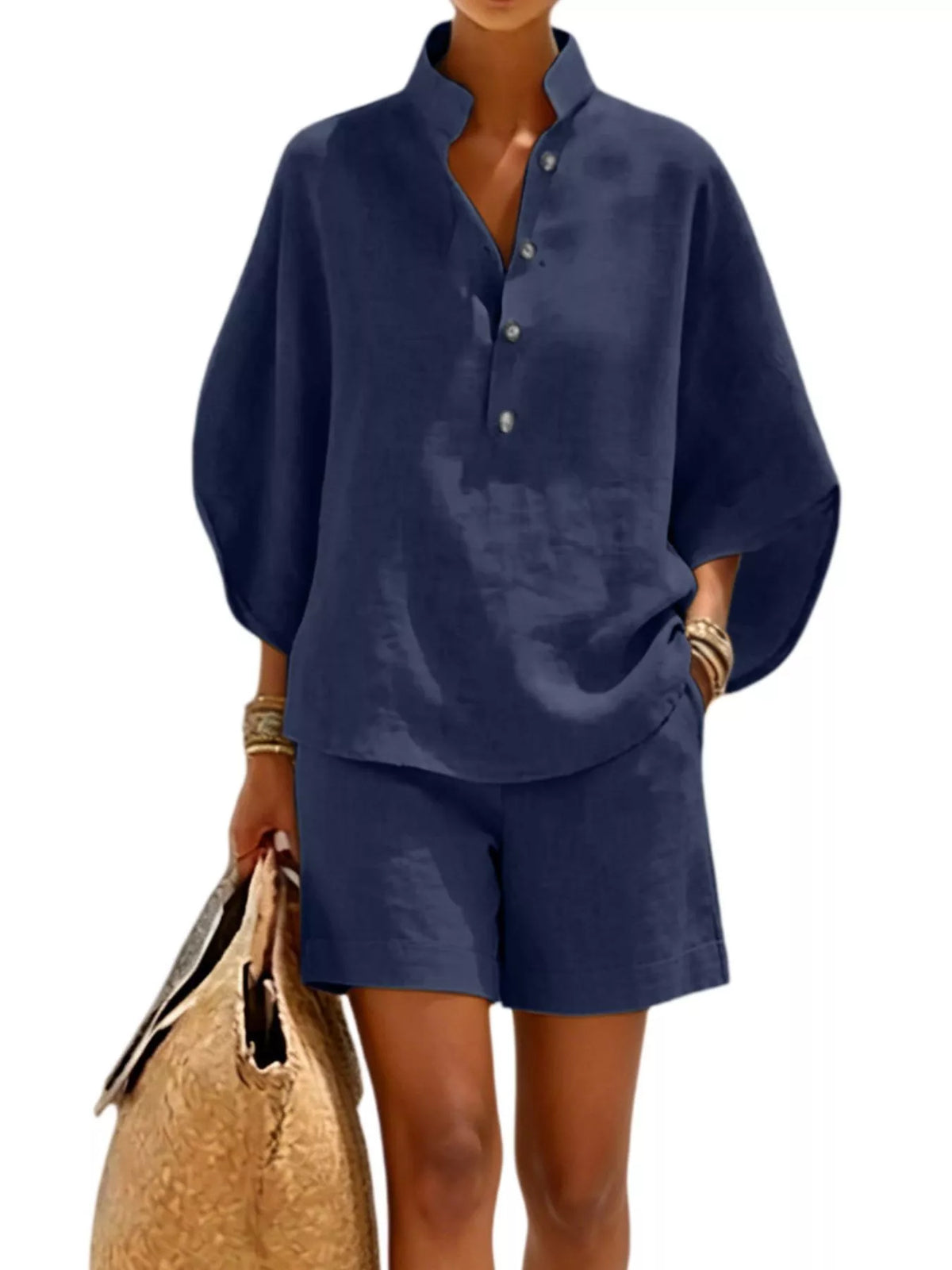 Button detail loose fit top and shorts set, Navy Blue