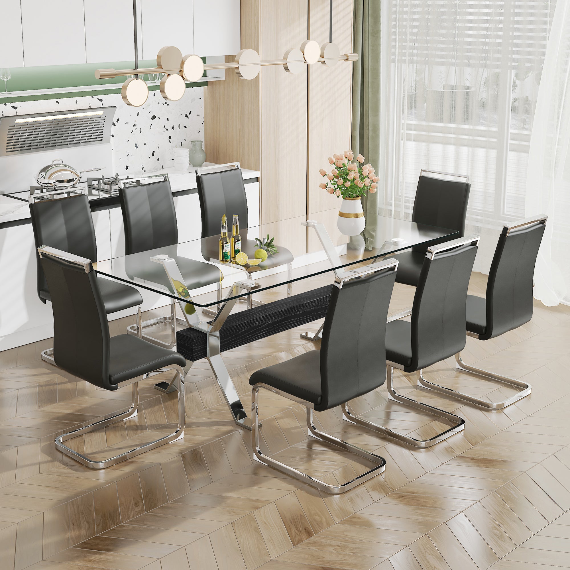 Dining table Modern tempered glass dining table Large modern office desk with silver plated metal legs and MDF crossbars