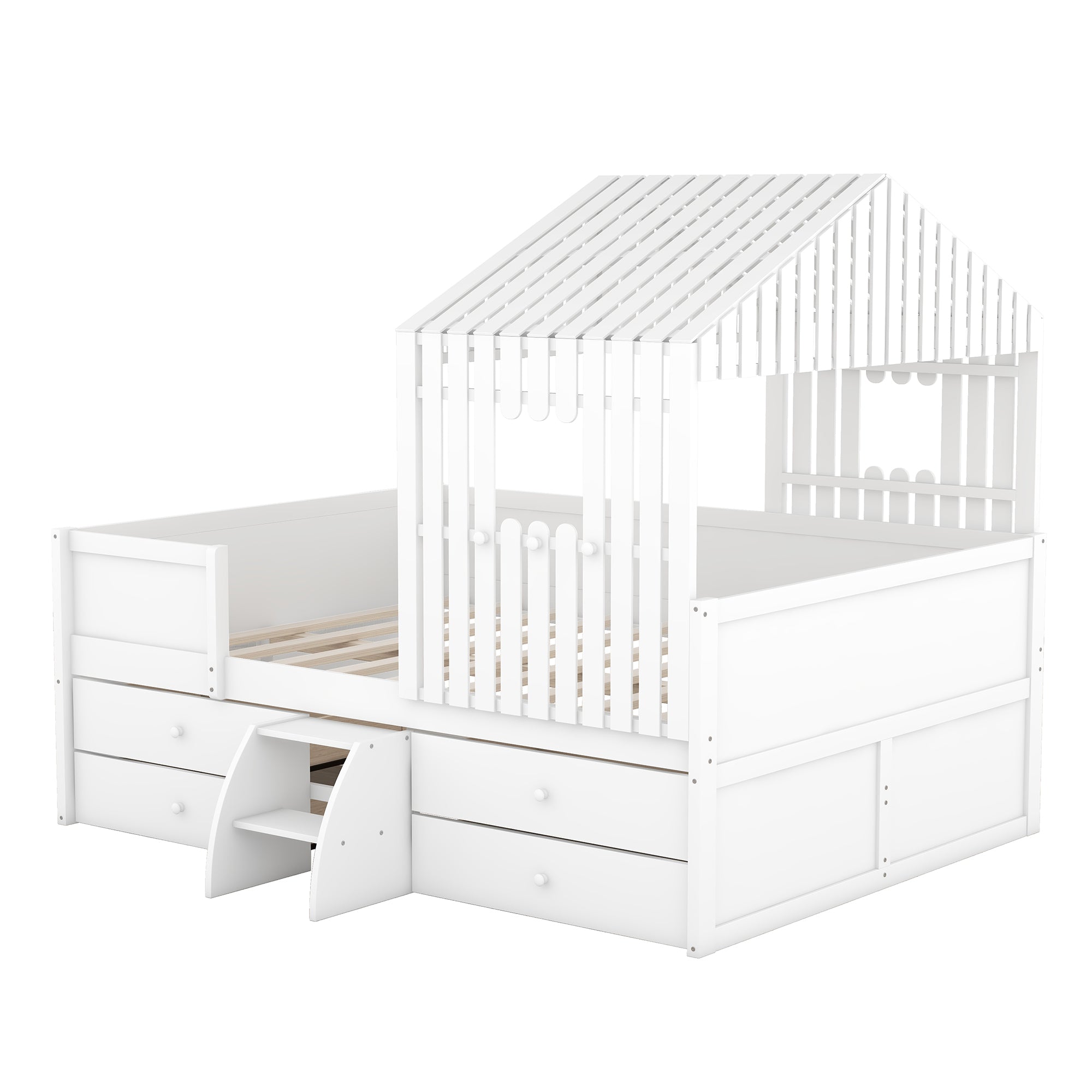 Full Size House Low Loft Bed with Four Drawers,White