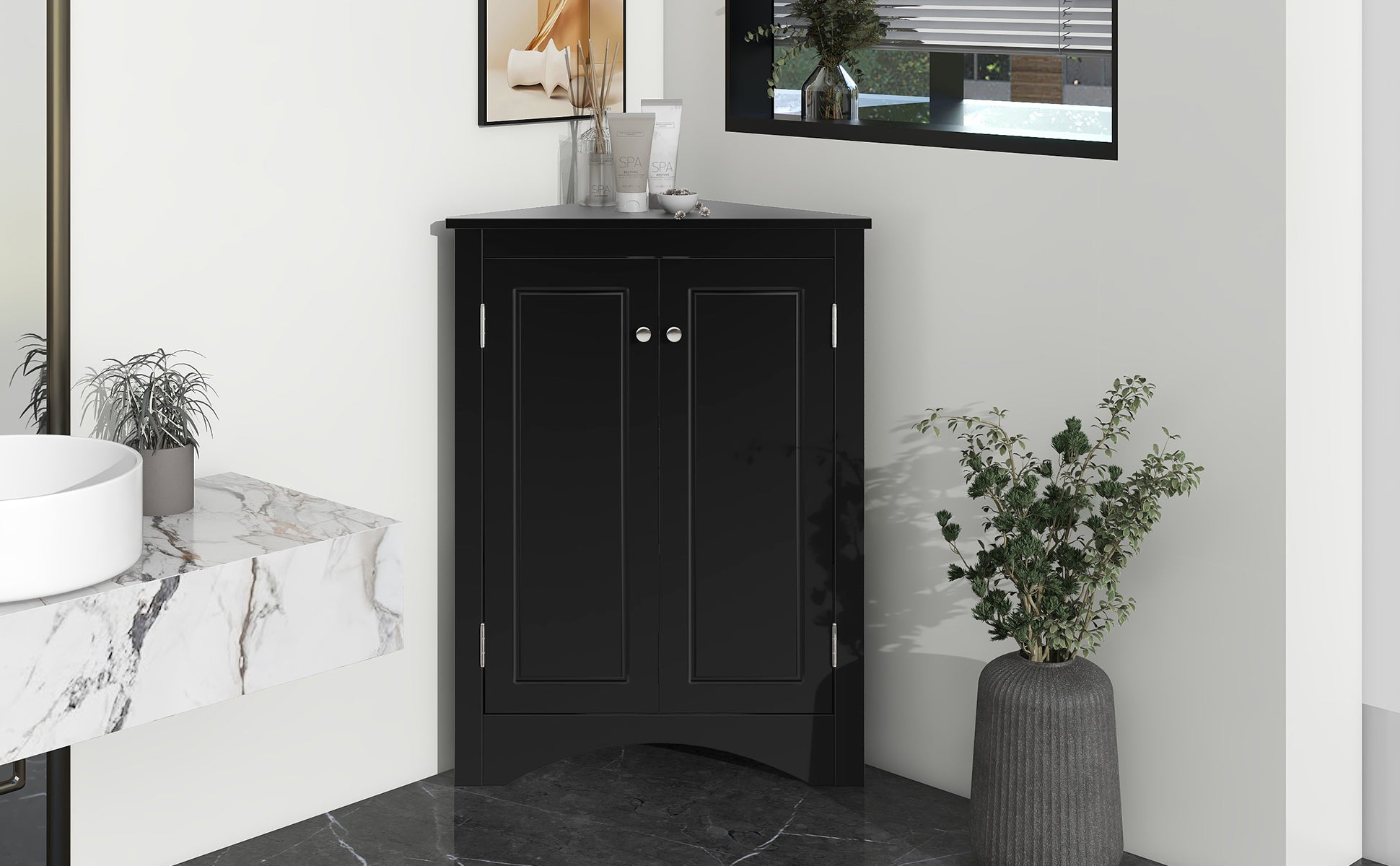 Black Triangle Bathroom Storage Cabinet with Adjustable Shelves, Freestanding Floor Cabinet for Home Kitchen