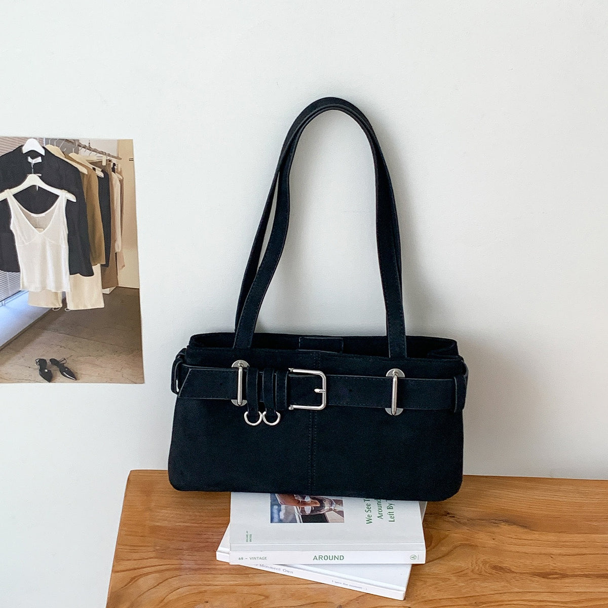 Belted baguette shoulder bag