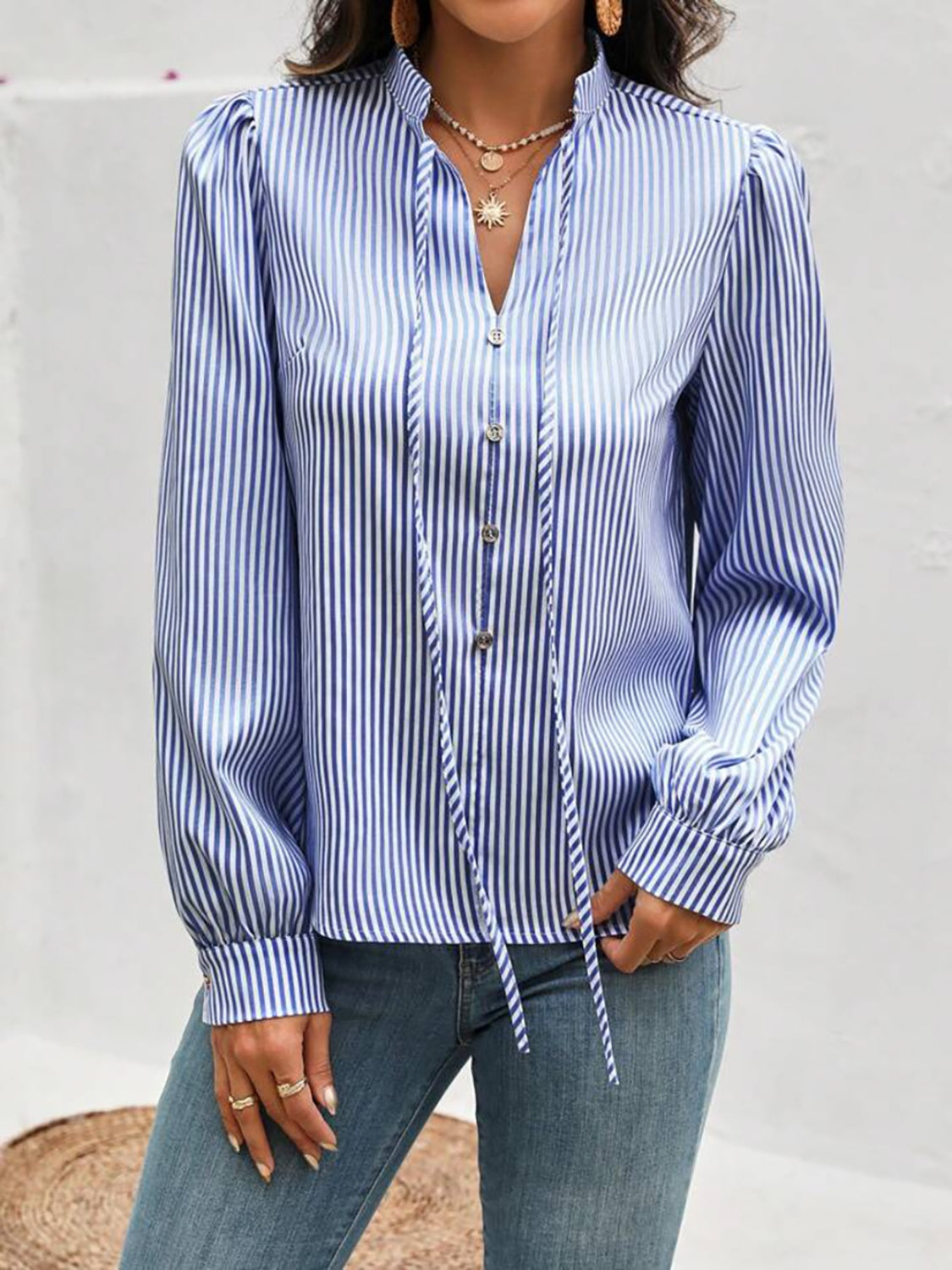 Striped tie neck blouse