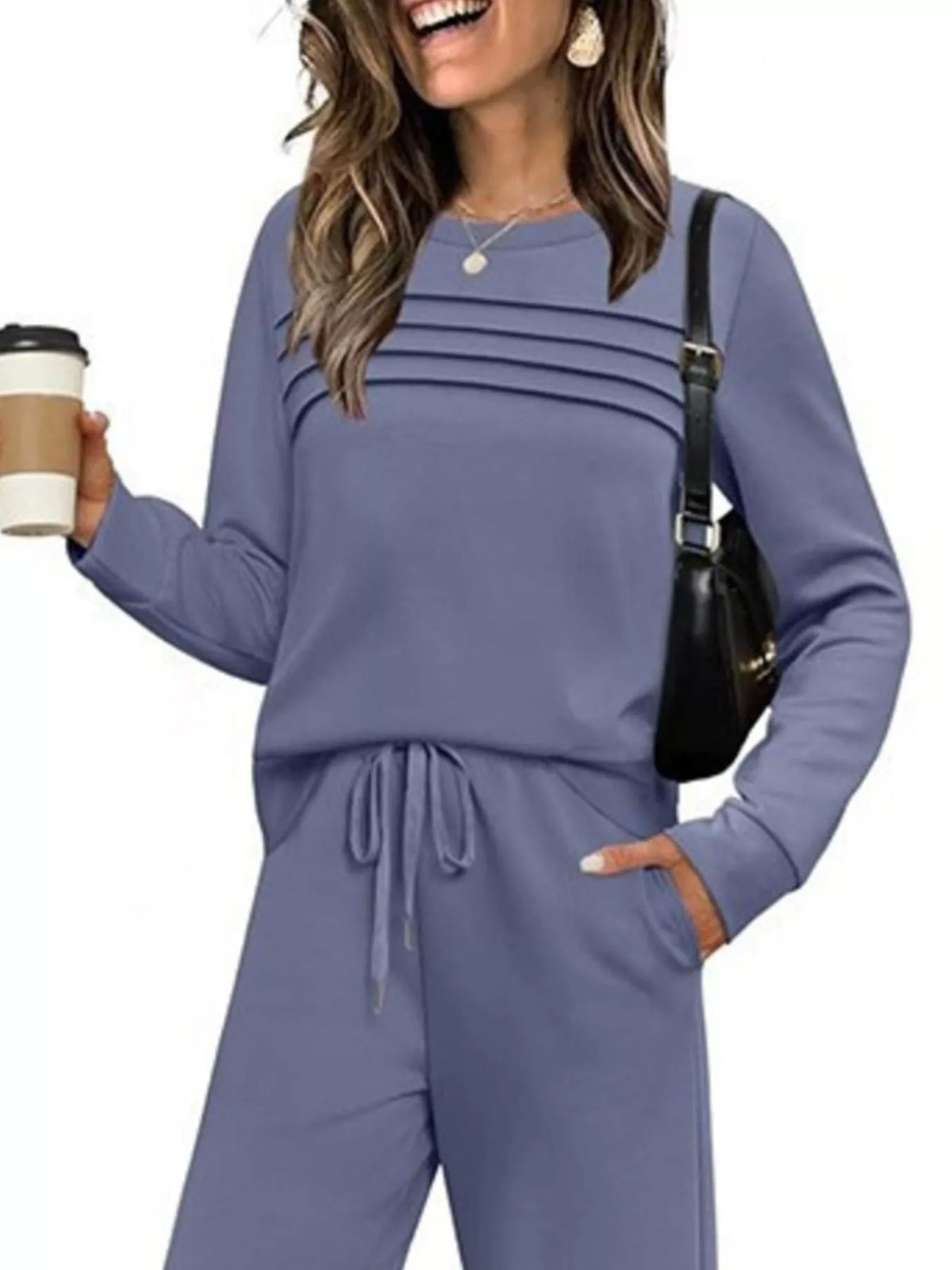 Long sleeve round neck top and pants set