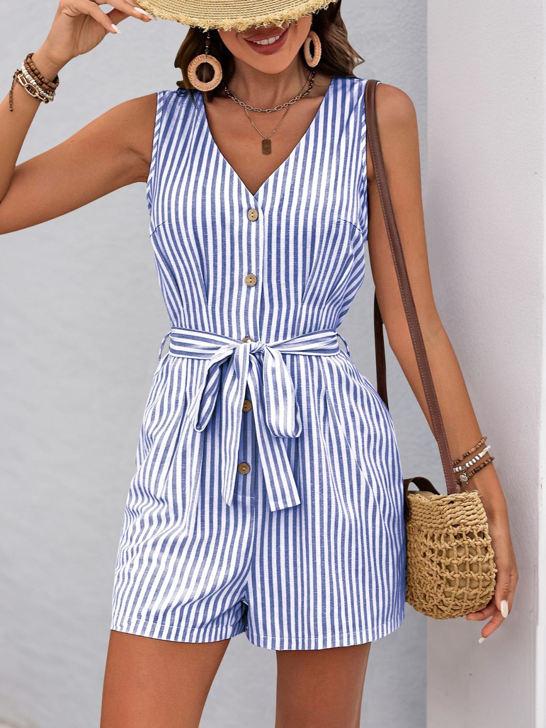 Striped V-neck tie waist romper