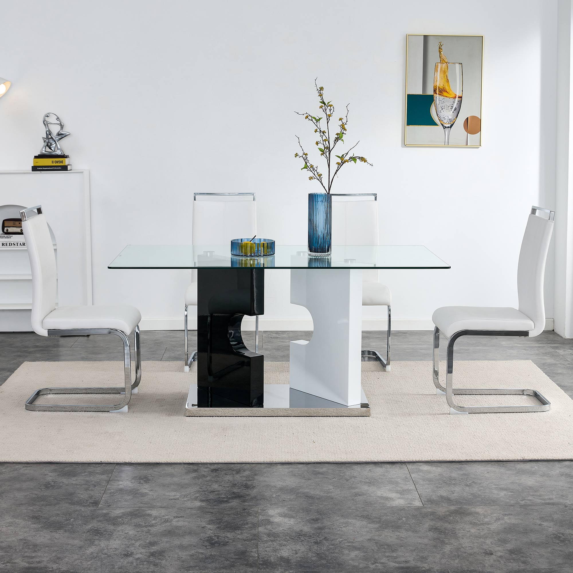 Large Modern Minimalist Rectangular Glass Dining Table for 6-8 with 0.39" Tempered Glass Tabletop