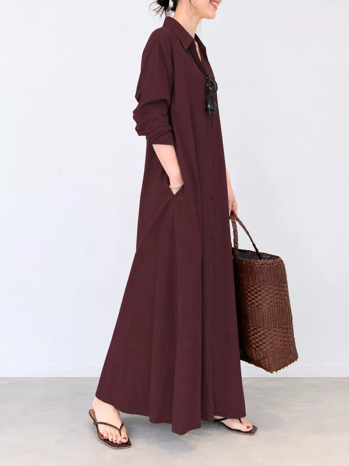 Button front long sleeve maxi shirt dress