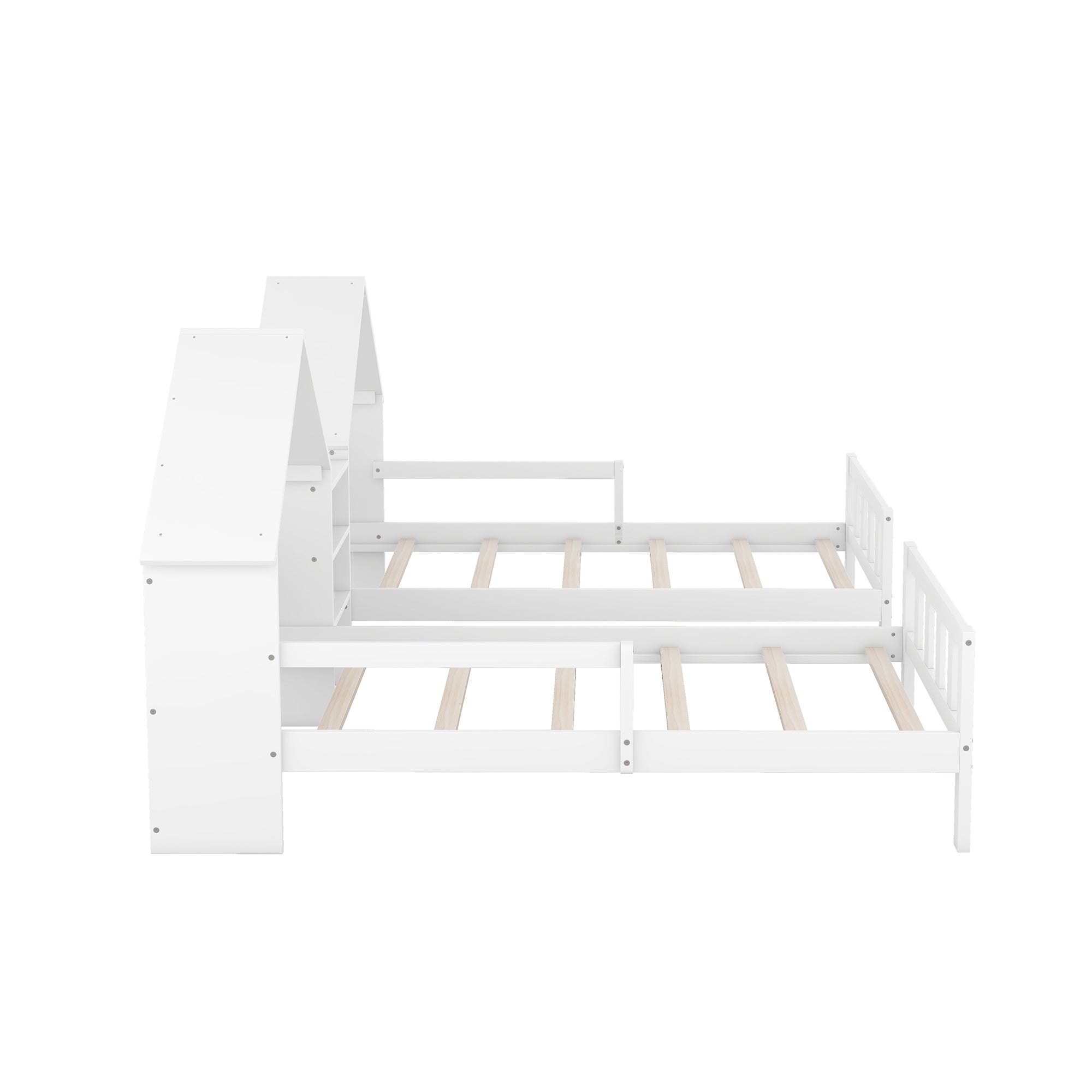 Double Twin Size Platform Bed with House-shaped Headboard and a Built-in Nightstand, White