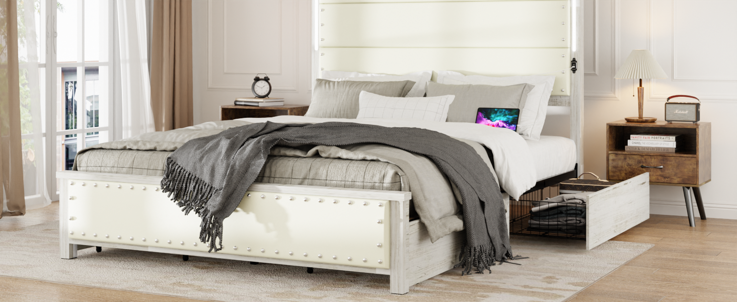 Large bed frame with cushioned headboard and storage drawers, equipped with 4 charging stations and LED lights, beige