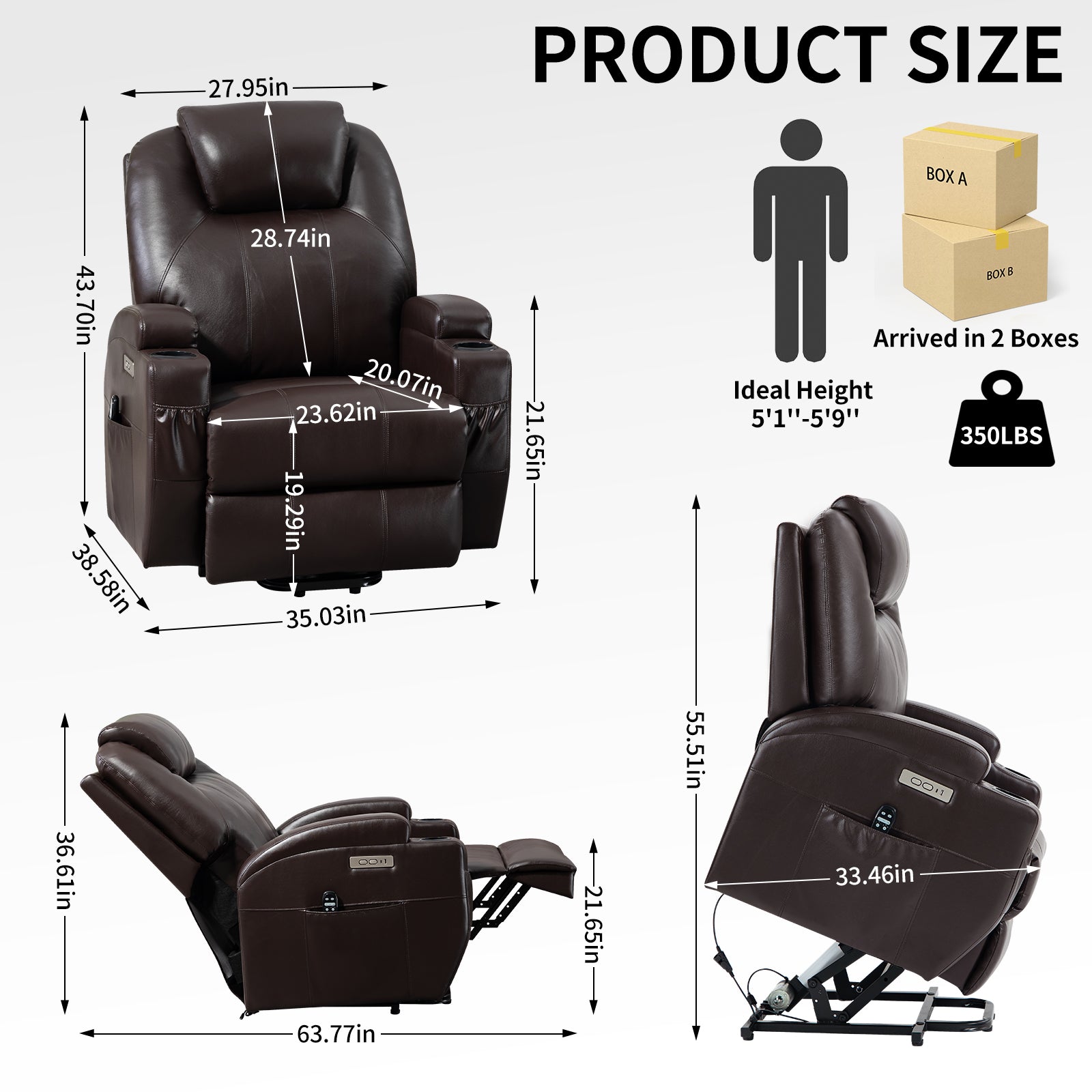 Up to 350lbs Okin Motor Power Lift Recliner Chair for Elderly Brown